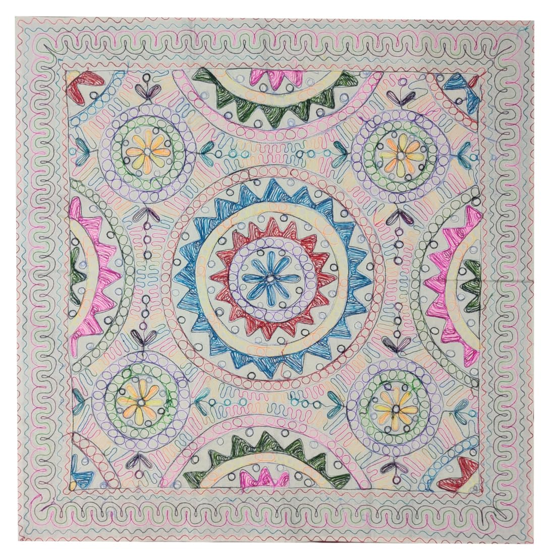 Purpledip Cotton Tapestry 'Valley Of Flowers': Vintage Embroidery Table Cover Or Wall Hanging (11361)