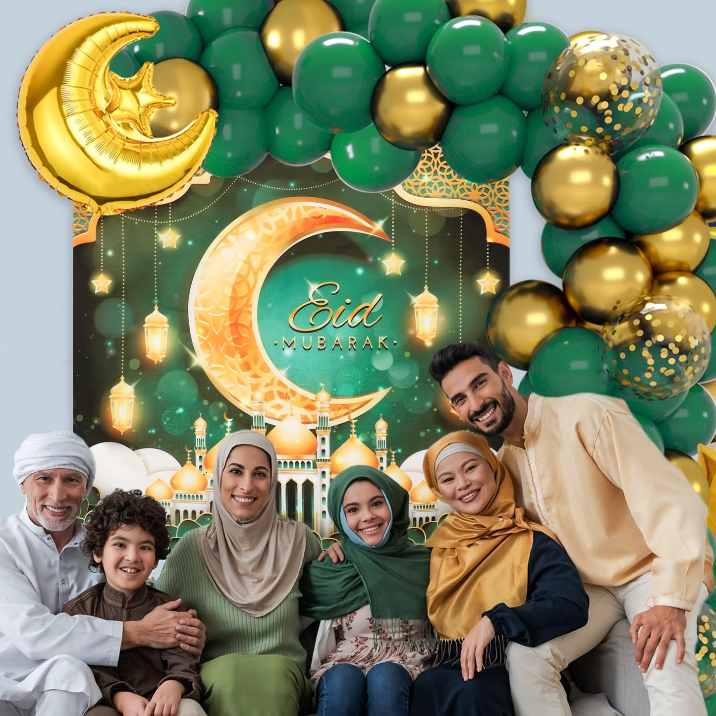 Eid Mubarak Decorations for Home - 74pcs Ramadan Decorations with Green Gold Star Moon Ramadan Balloons and Eid Mubarak Banner for Ramadan Decor
