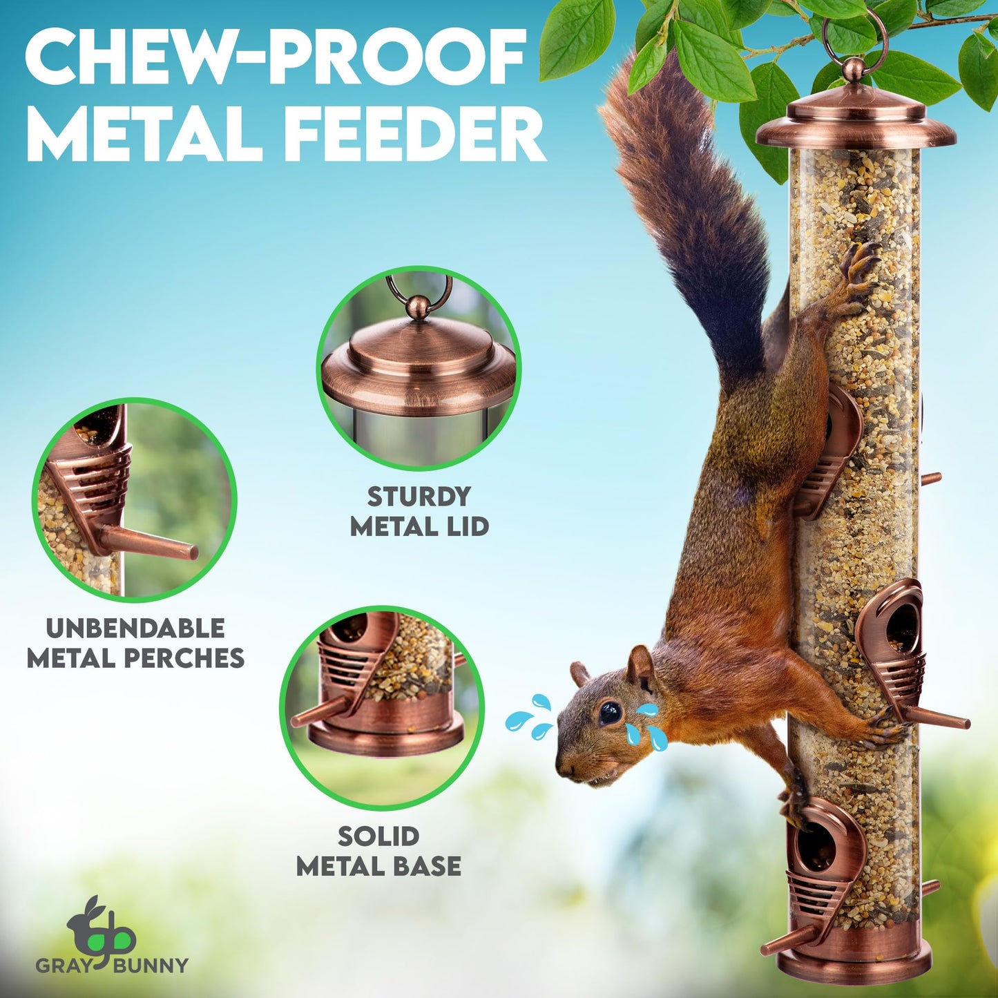 Bird Feeder for Outdoors (Brushed Metal Copper) Hanging Bird Feeders with Locking Lid & Adjustable Hanger, Chew-Proof, Weather Resistant (15 Inches, 6 Port)