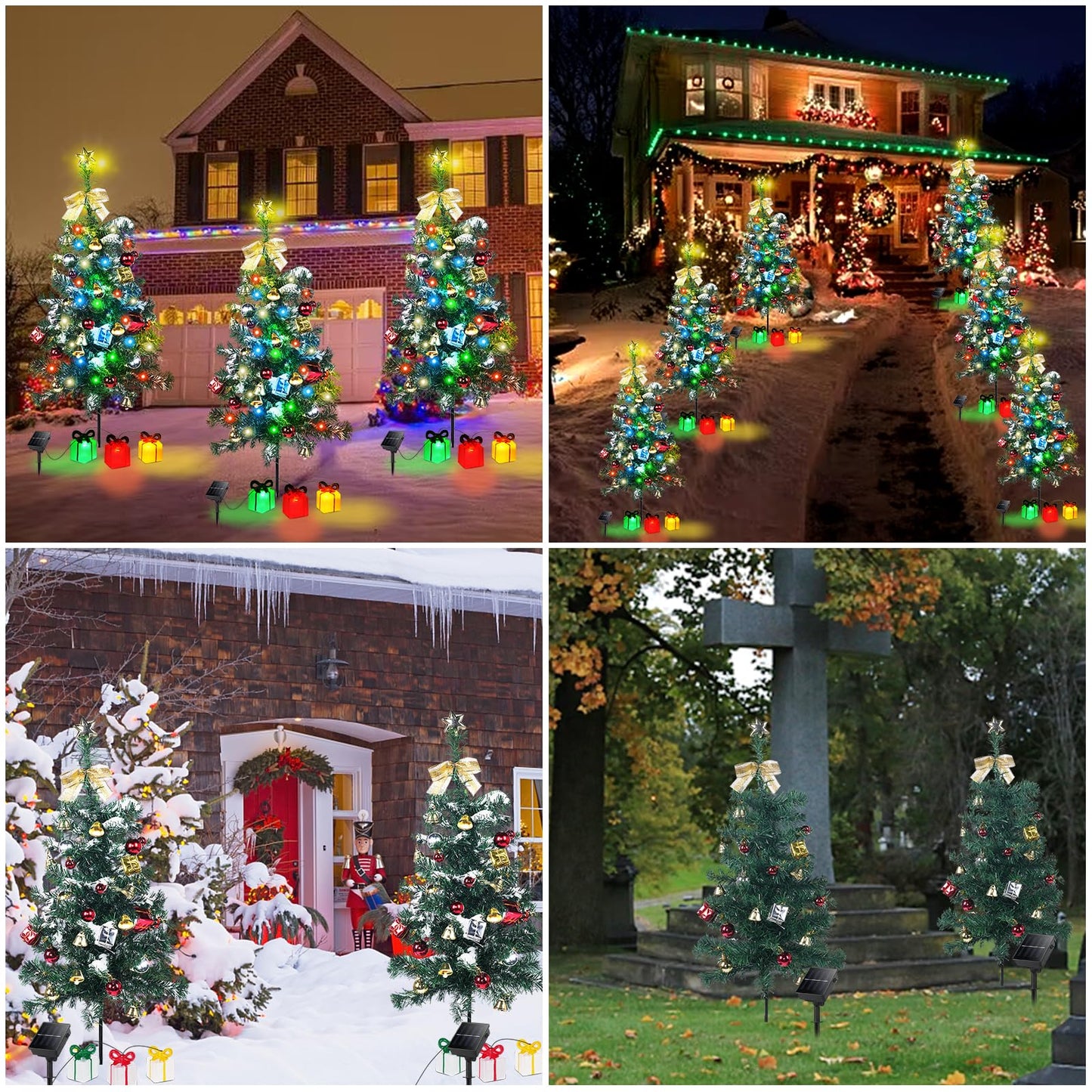 Aukora Solar Christmas Tree Lights Outside Decorations 31 in,8 Modes Christmas Light Outdoor Waterproof with 23 Xmas Accessories & 3 Gifts Box Lights for Garden Pathway Cemetery Decorations,2Pack