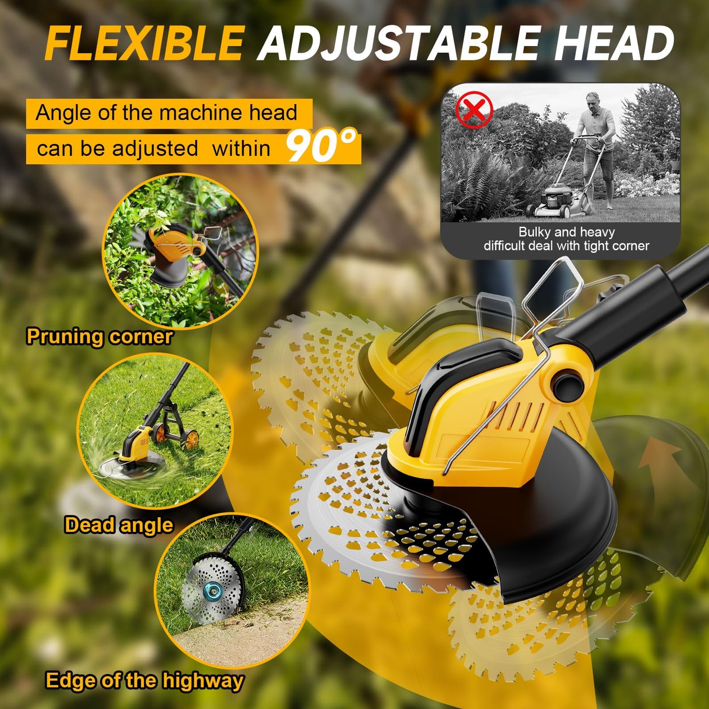 20000 RPM Brushless Battery Weed Wacker Cordless, 6000mAh Electric Weed Eater Battery Powered, Heavy Duty Brush Cutter Edger Lawn Tool/Weed Trimmer/Grass Trimmer W/Wheel Metal Blade, 2 Battery