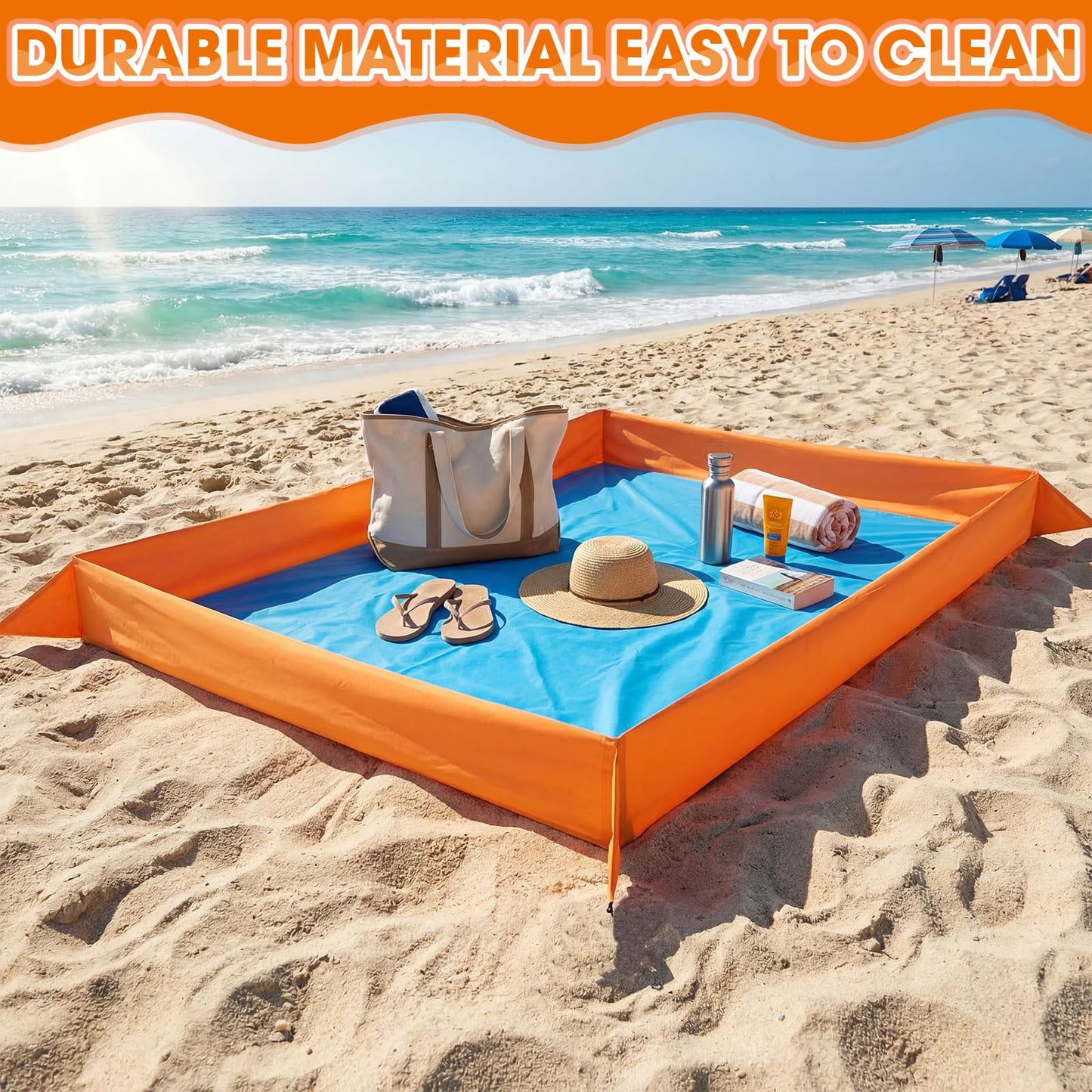 Qunclay Oversize Large Sandproof Beach Blanket 7.2 x 4.6 ft Outdoor Playpen Mat with 3.5" Tall Walls Waterproof Sand Free Picnic Sheet with Stakes & Storage Bag for Family, Beach Camping Essentials