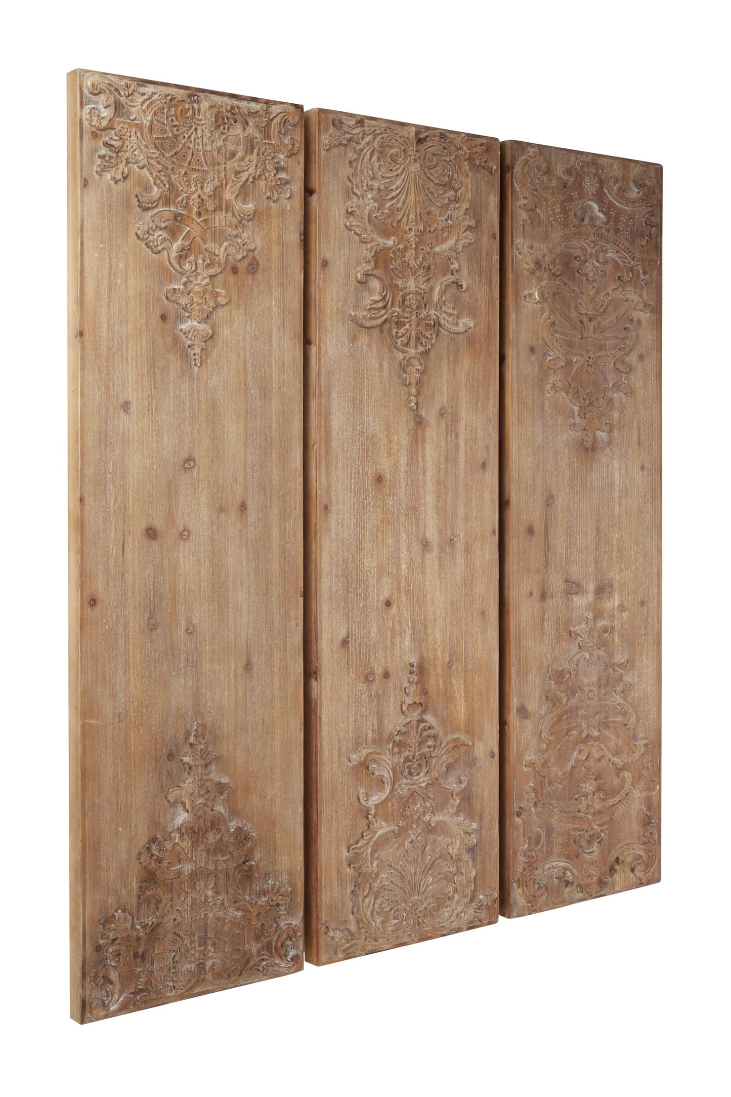 Deco 79 Wood Floral Home Wall Decor Carved Antefix Wall Sculpture, Set of 3 Wall Art 16"W, 55"H, Brown