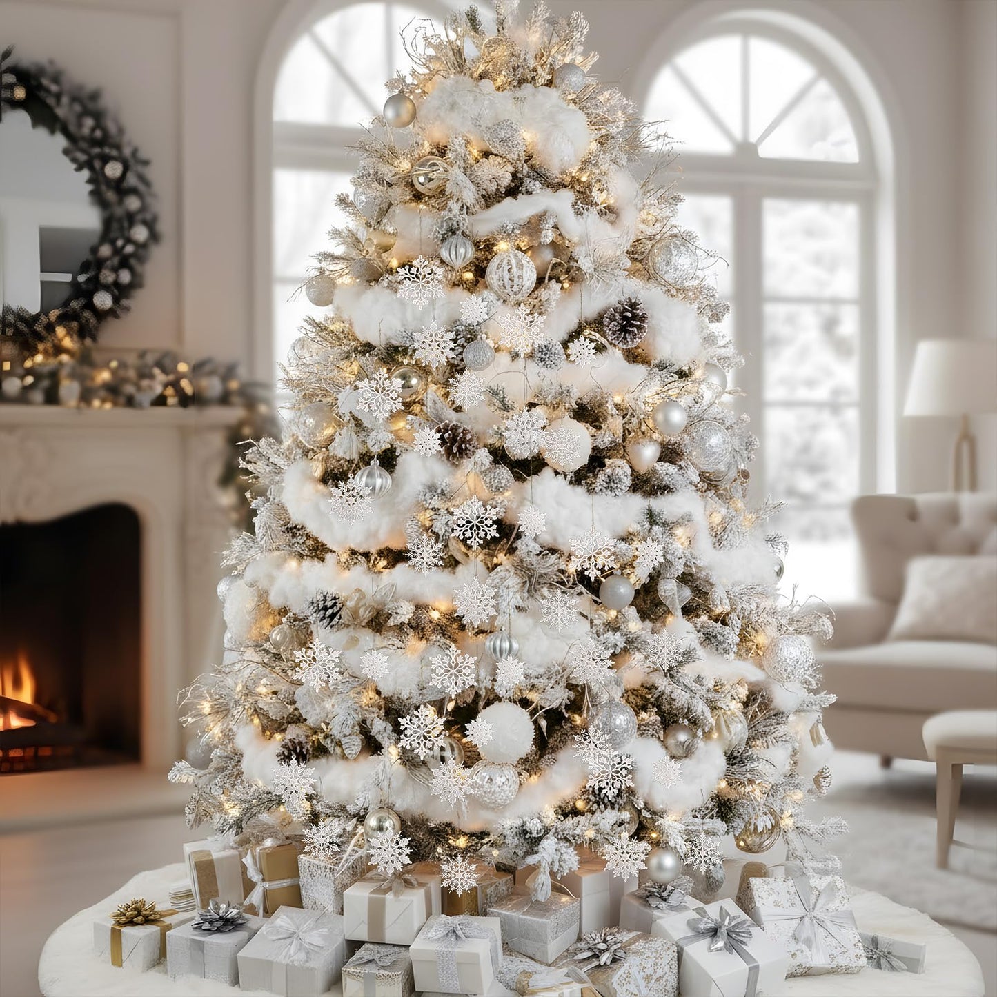 HunnmingRe 37 Pcs Christmas Tree Ornaments Set, 93 x 35 Inches Snow Blanket Roll and 36 Pcs White Glitter Plastic Snowflake Ornaments for Winter Tree Garland Village Decor