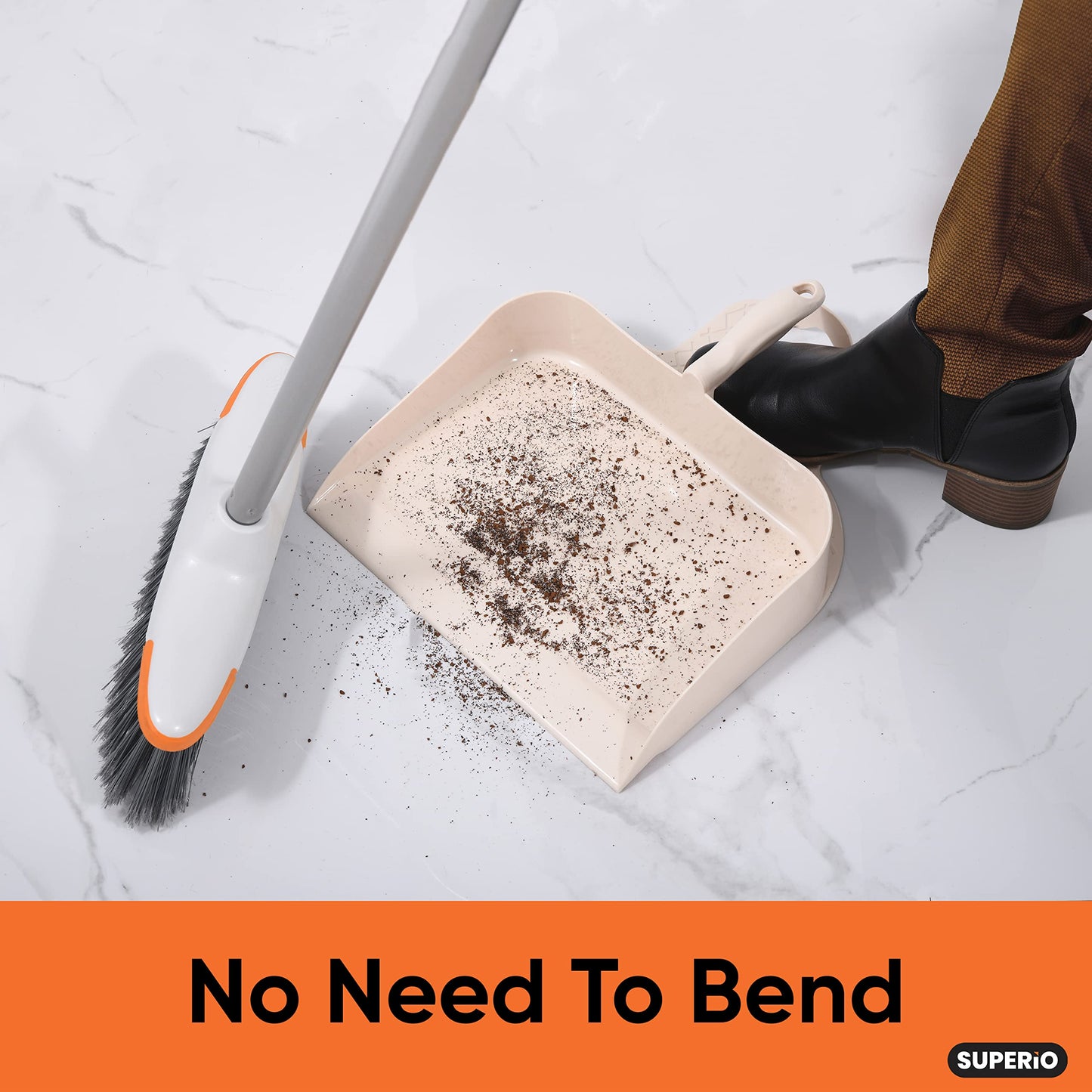 Superio Heavy Duty Plastic Step-on Dustpan with Comfort Grip Handle White, Durable, Lightweight Multi Surface Dust Pan Easy Broom Sweeping, 10-inch Wide, 1-Pack