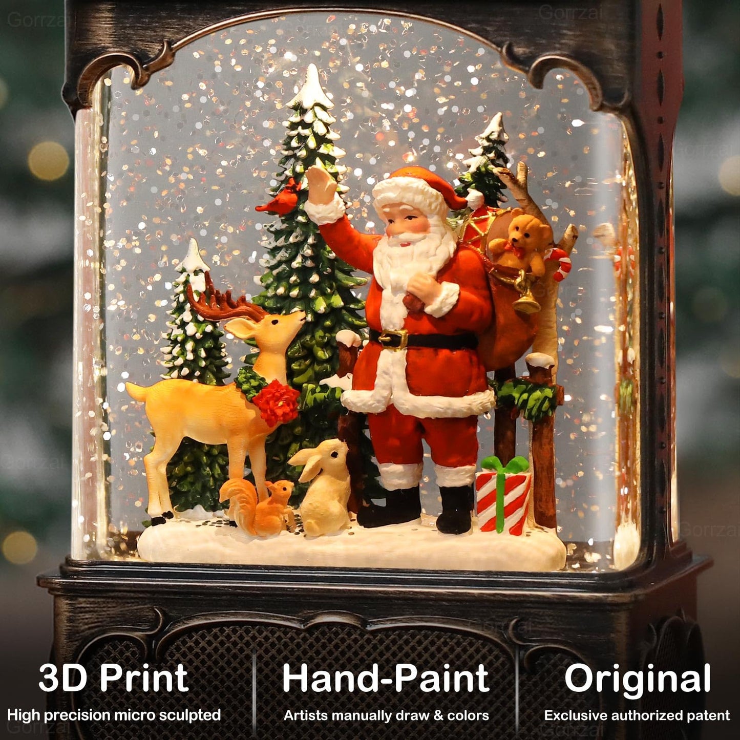 Gorrzai Santa Snow Globe Lantern Christmas Snow Globes, Lighted Christmas Decorations Indoor with Music Timer Swirling Glitter, Musical Santa Claus Reindeer Home Decor, USB or Battery Operated