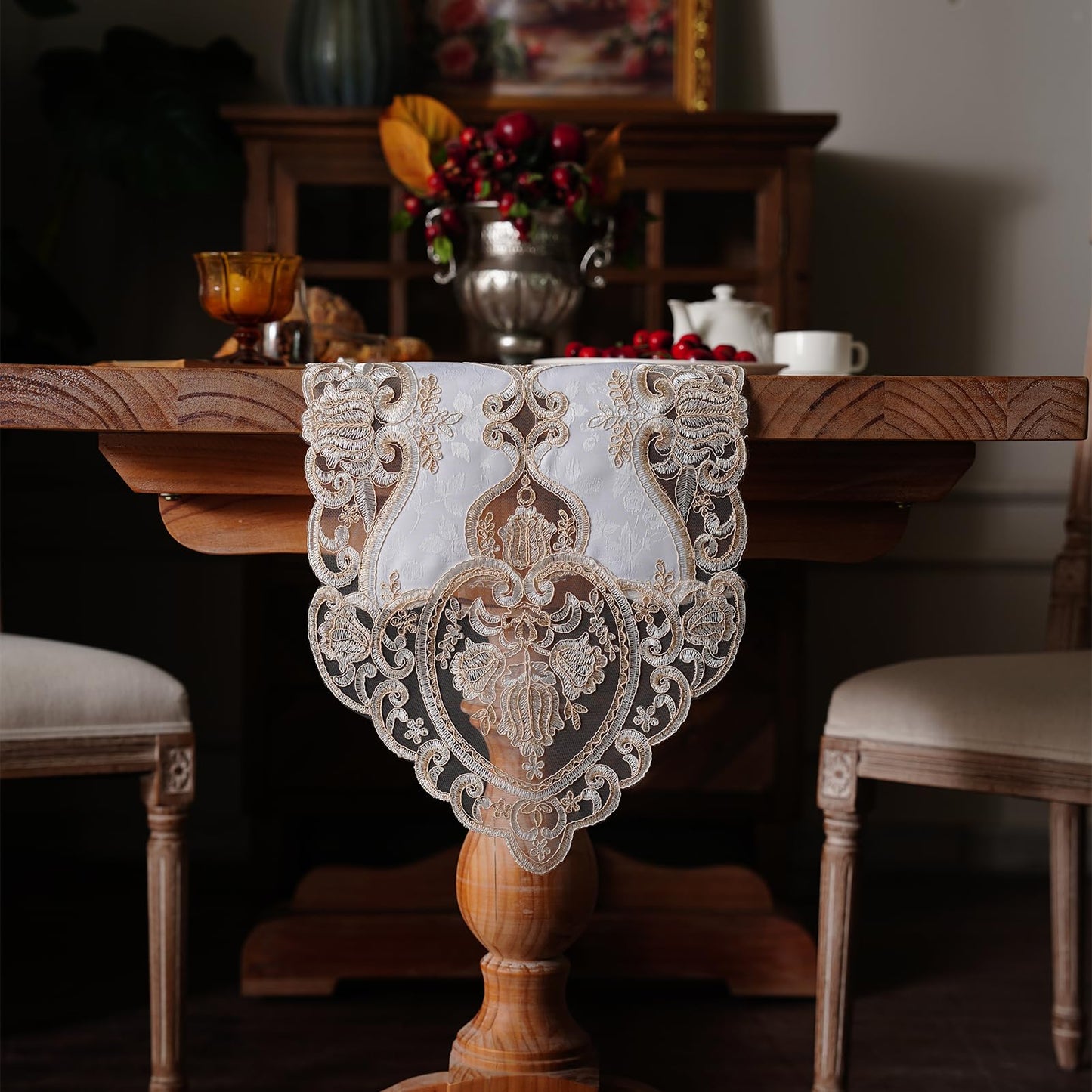 Artbloss Elegant Embroidered Lace Table Runner with Ornate Gold Floral Design Sheer Decorative Runner for Dining Table Wedding Reception Holiday Decor (Champagne Gold, 12“ x 124")