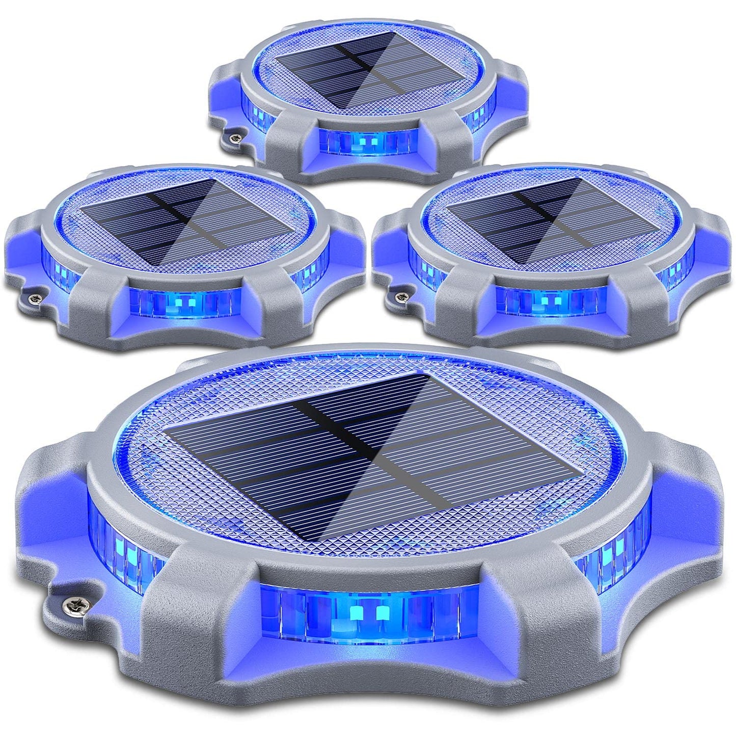 SIEDiNLAR Solar Deck Lights Outdoor 2 Modes LED Driveway Markers Dock Light Solar Powered Waterproof for Step Walkway Ground Stair Pathway Yard Road Garden 4 Pack (Blue/Red)