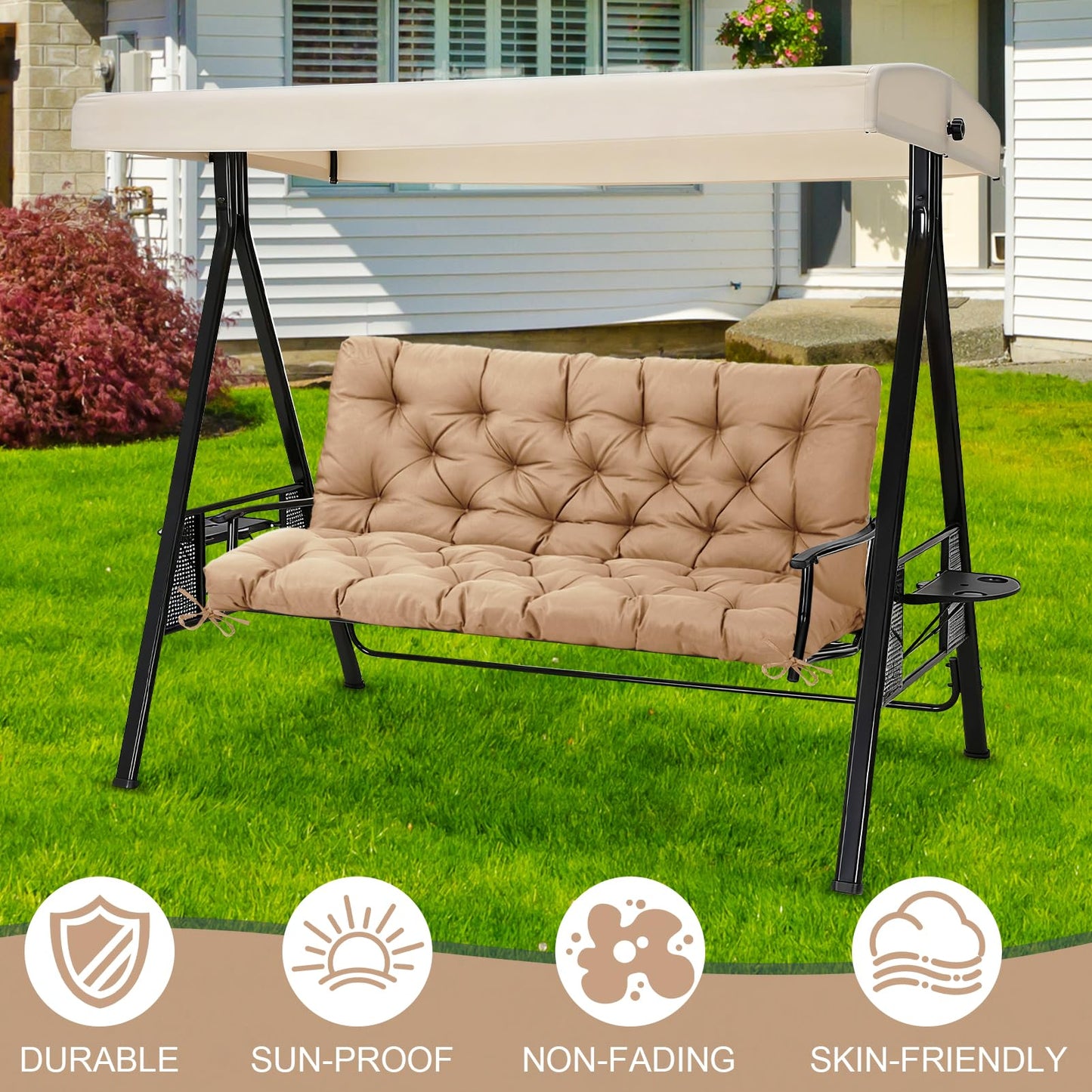 EverPine Outdoor Swing Cushion Replacement Patio Bench Cushion Waterproof Thick Seat Pad for Porch Swing Daybed Garden Sofa Furniture (Khaki)
