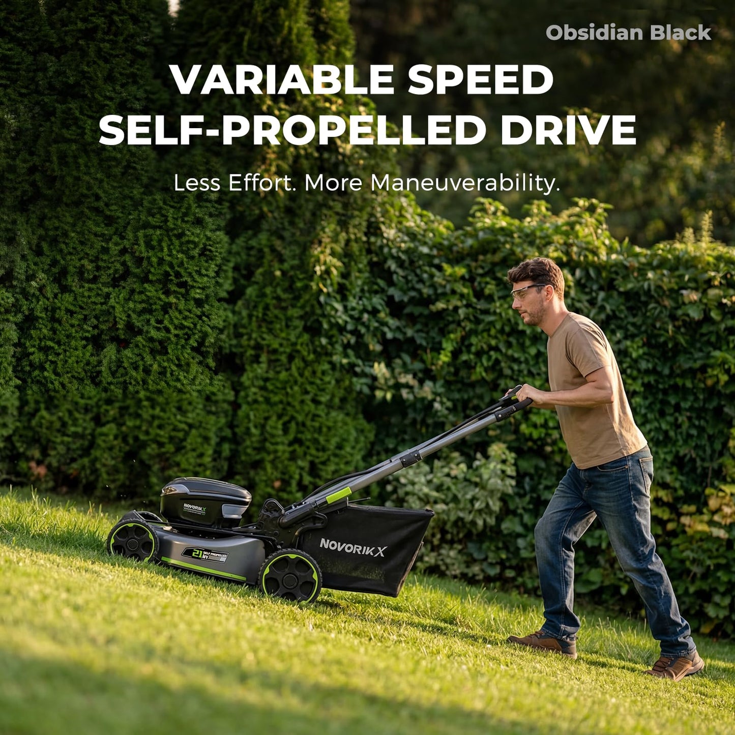 NovorikX 60V 5Ah Self-Propelled Electric Cordless Lawn Mower with 5.0Ah Battery 21-Inch, Brushless Mower for Large Yards, LED Headlight, Rapid Charger 3-in-1 Versatility Obsidian Series