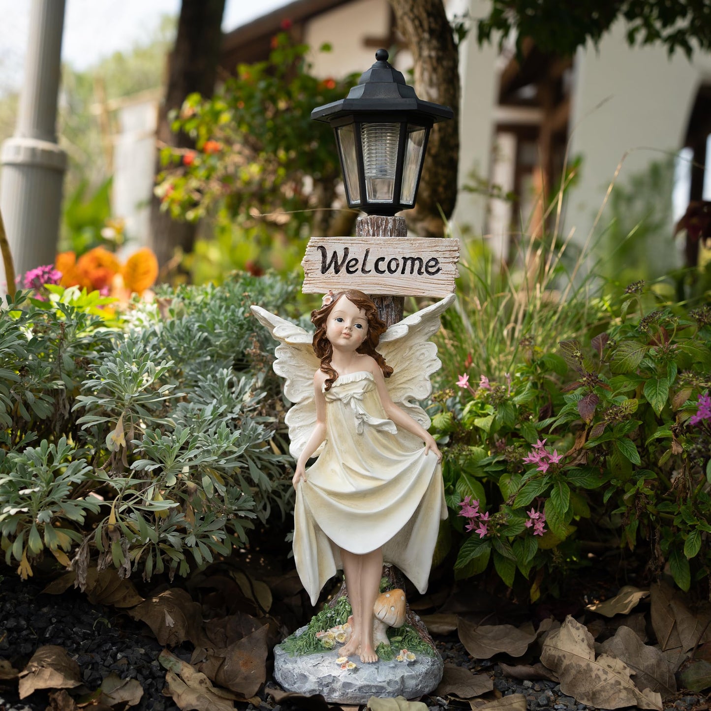 Floryden Garden Fairy Solar Light Welcome Sign, 22" in Height, Decorative Outdoor Statue with Auto Light-Up Feature