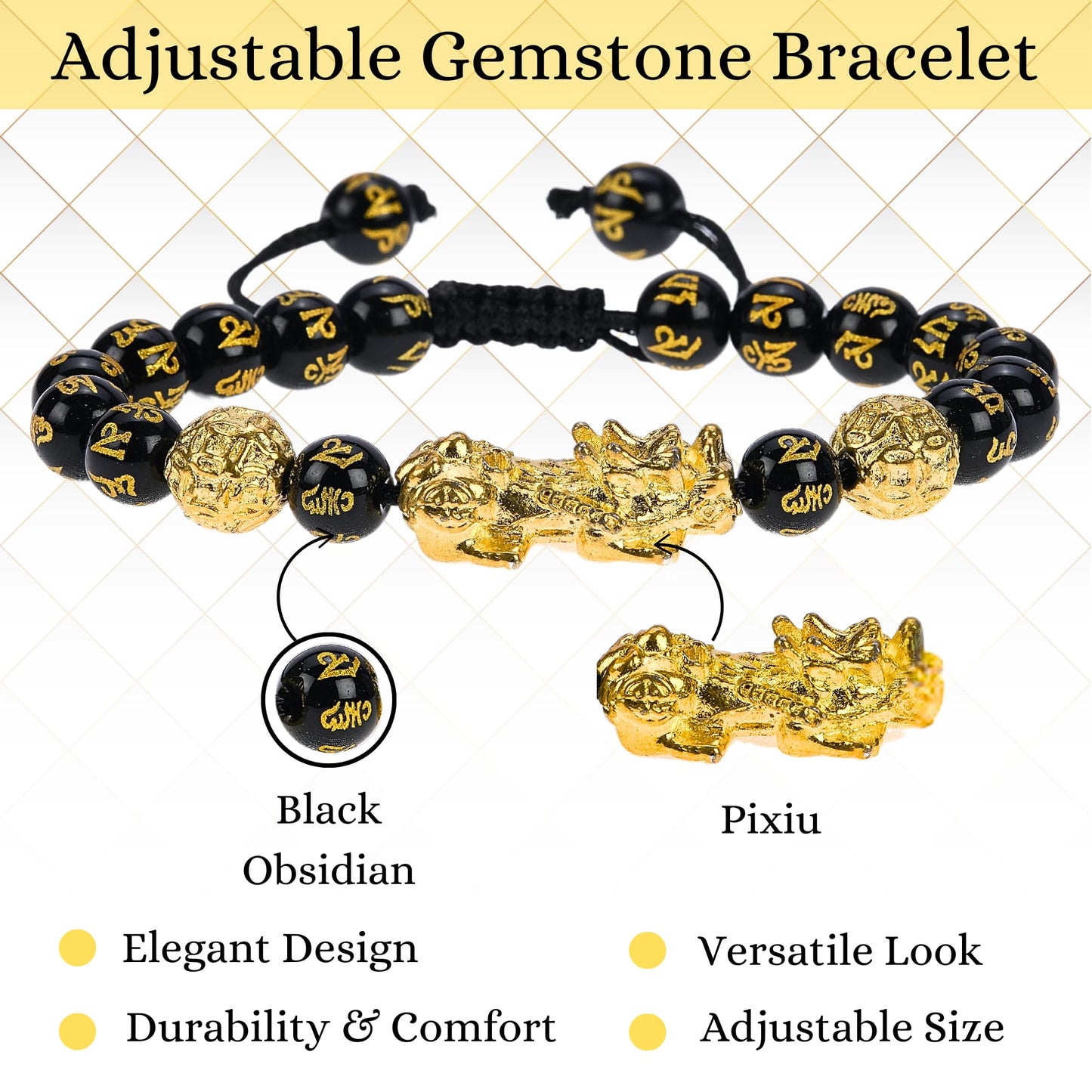 ANAYA AGATE Black Obsidian(Pixiu) Bracelet Energy Protection Crystal Handmade Adjustable Bead Bracelet Perfect for Men, Women’s Christmas Gift Gemstone Healing Stretch Pulsera Para Hombre Mujer Stocking Stuffer