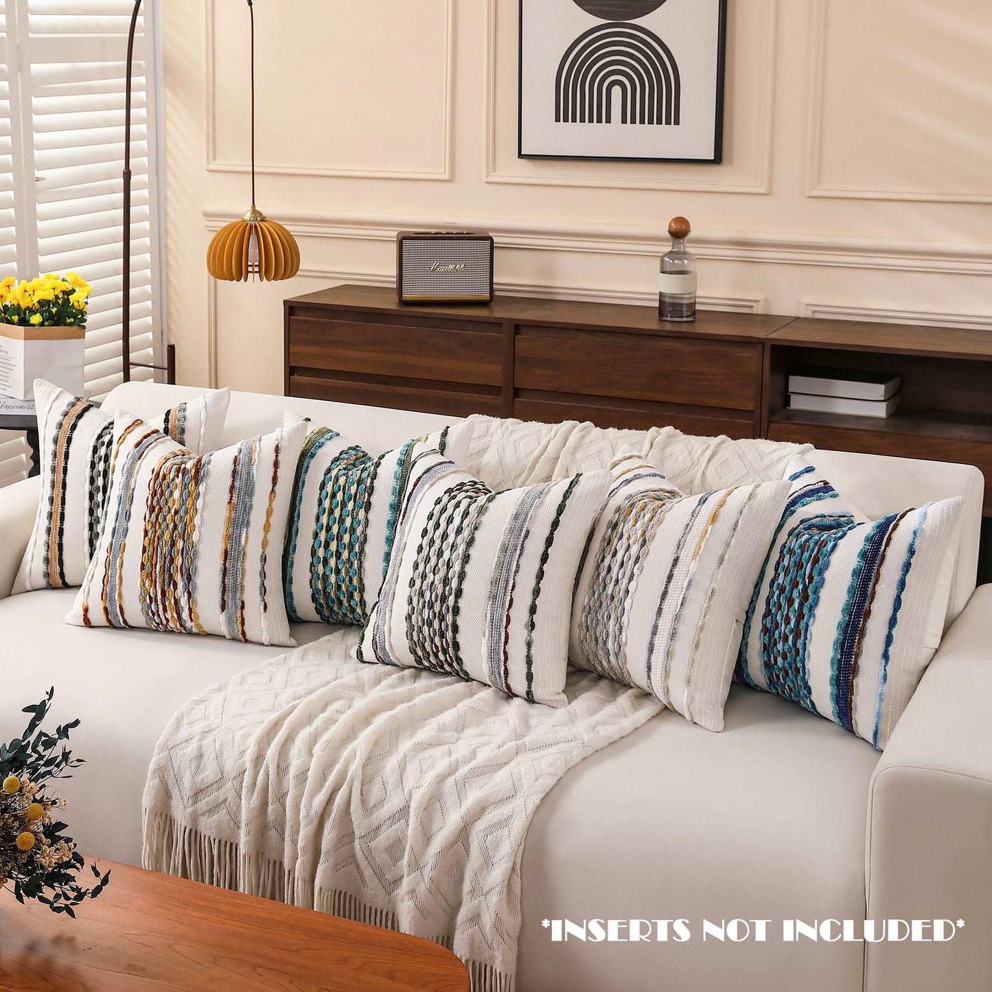 KOOLIFE Boho Striped Throw Pillow Covers 18x18 Inch Set of 2 Farmhouse Square Decorative Pillow Covers Chenille Tufted Accent Neutral Pillowcase Green Cushion Cover for Living Room Couch Sofa Bed