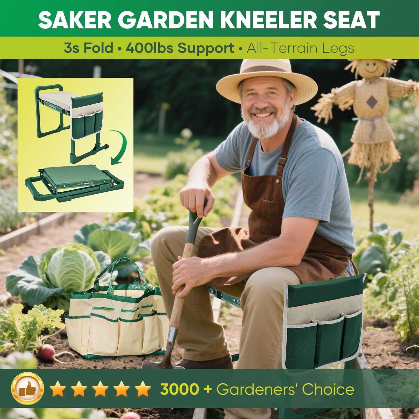 Saker Garden Kneeler and Seat Foldable Gardening Stool with Extendable Legs & Thickened Pad, Tool/Storage Bag, Heavy Duty 500lbs Support for Elderly, Gardening, Outdoor Use