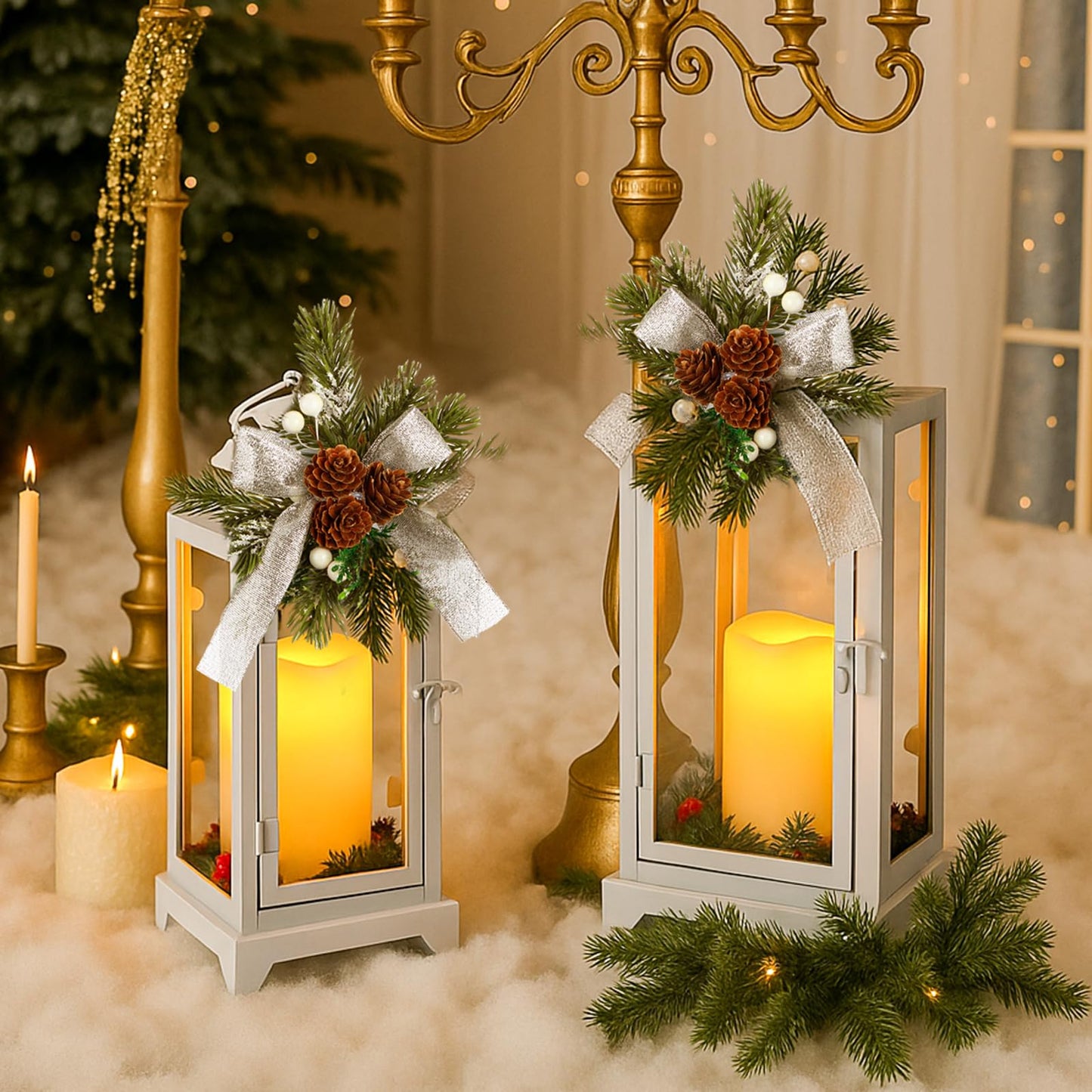 Baquler White 2 Pcs Christmas Metal Candle Lantern and LED Fake Candles 12'' and 15'' Decorative Lanterns with Xmas Ornament Porch Lanterns Indoor Outdoor Decoration Party Gift
