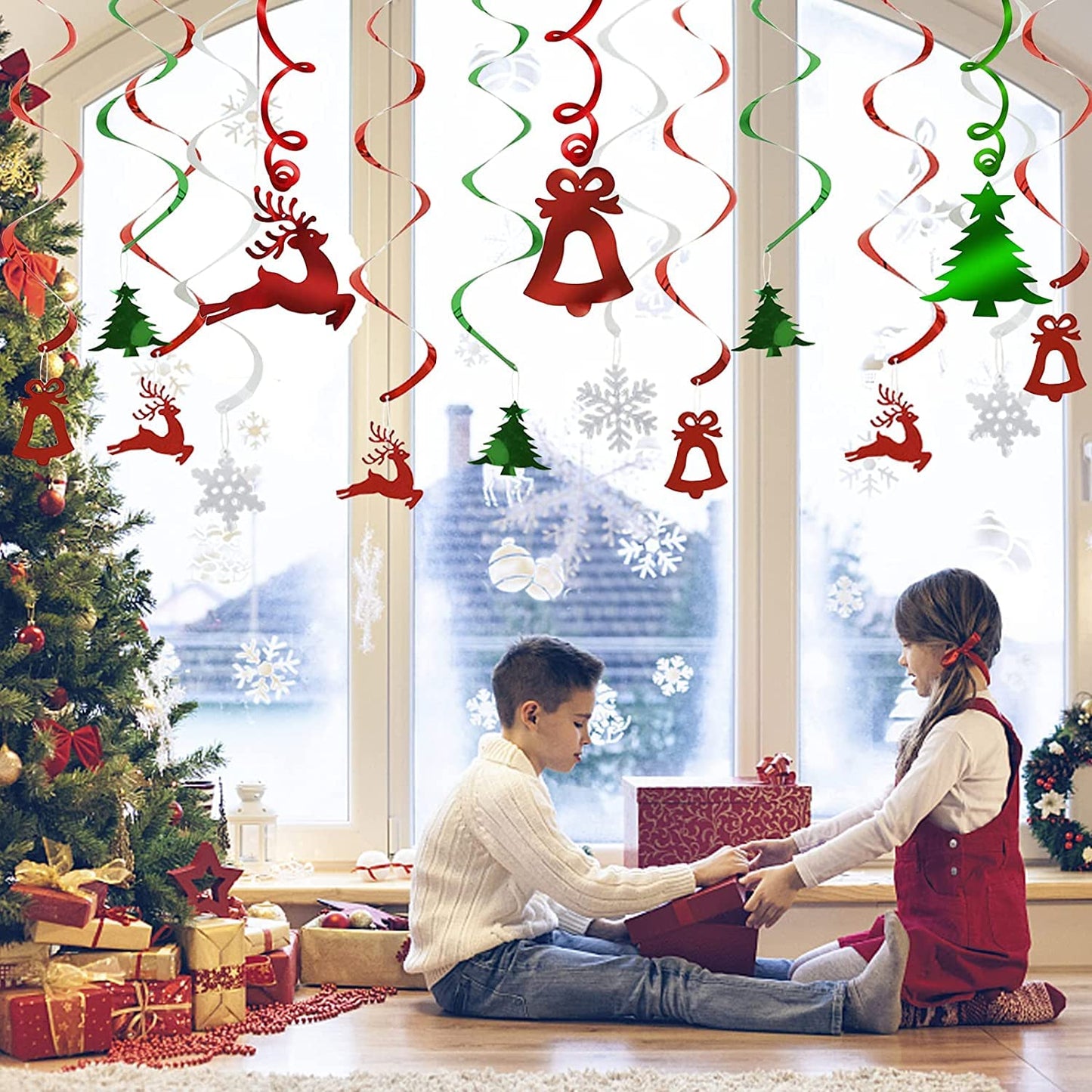 Christmas Party Decorations Foil Hanging Ceiling Swirls (30Pcs Fully-Assembled) Reindeer Bell Christmas Tree Snowflake Swirls for Porch Home House Bar, Christmas Holiday Supplies Decorations
