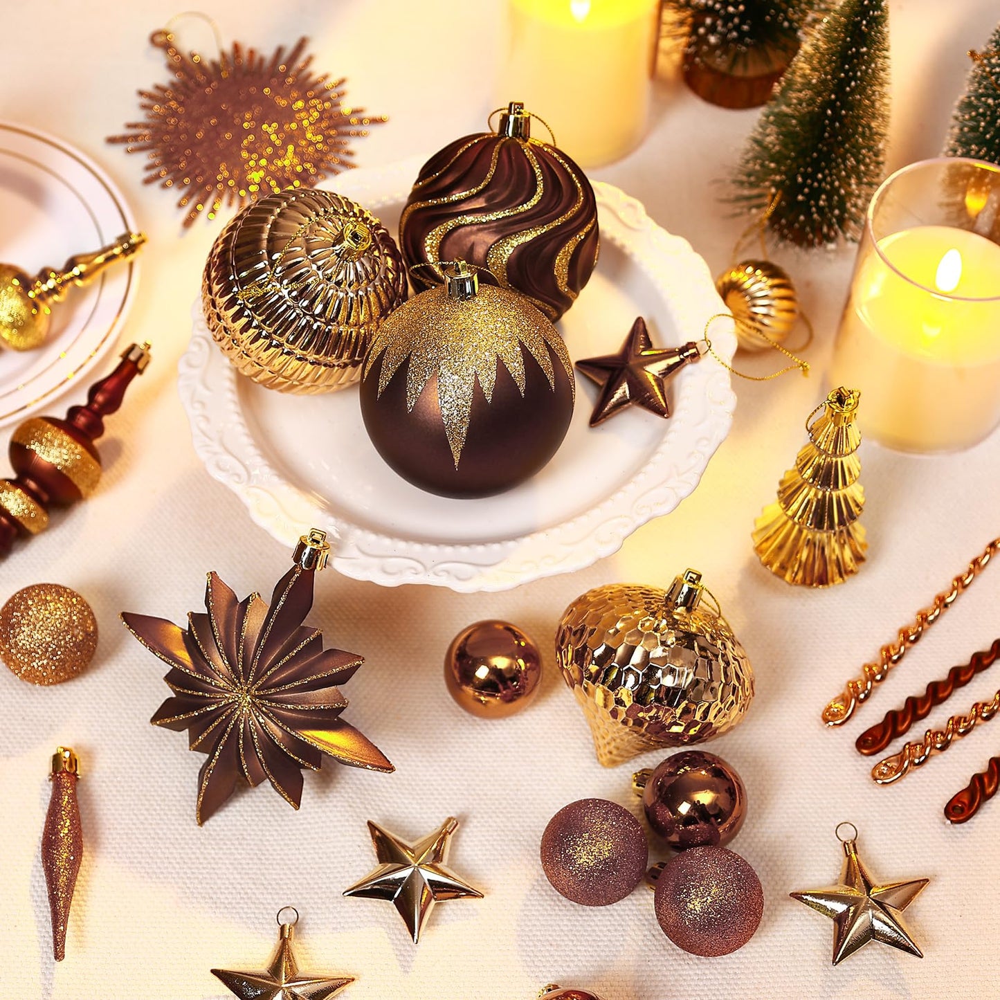 SHareconn 80pcs Christmas Balls Ornaments Set, Contemporary Luxury Gift Set, Shatterproof Plastic Bronze Decor for Xmas Tree Holiday Wedding Party Decorations with Hanging Strings, Brown Copper Gold