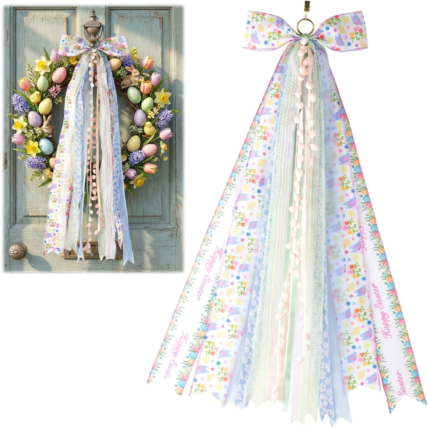 NUVCELKA Easter Door Bow with 8 Ribbons, 27.5" Spring Decoration Swag for Front Door Wreath Wall, Farmhouse Bow Decor with Pom-Poms for Home Holiday