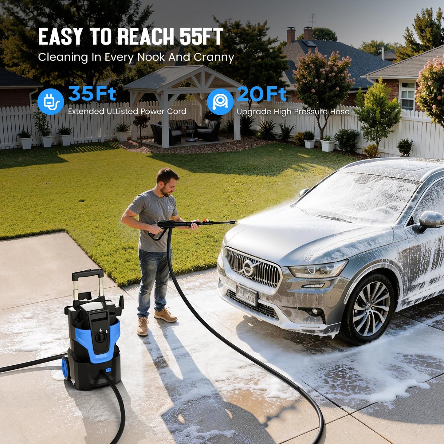 5000PSI Heavy Duty Pressure Washer, 3-Speed Adjustable Power Washer with 2-Stage Pull Rod, 4 Nozzles, Foam Cannon & 500ml Soap Bottle for Car, Home & Outdoor Cleaning,Blue