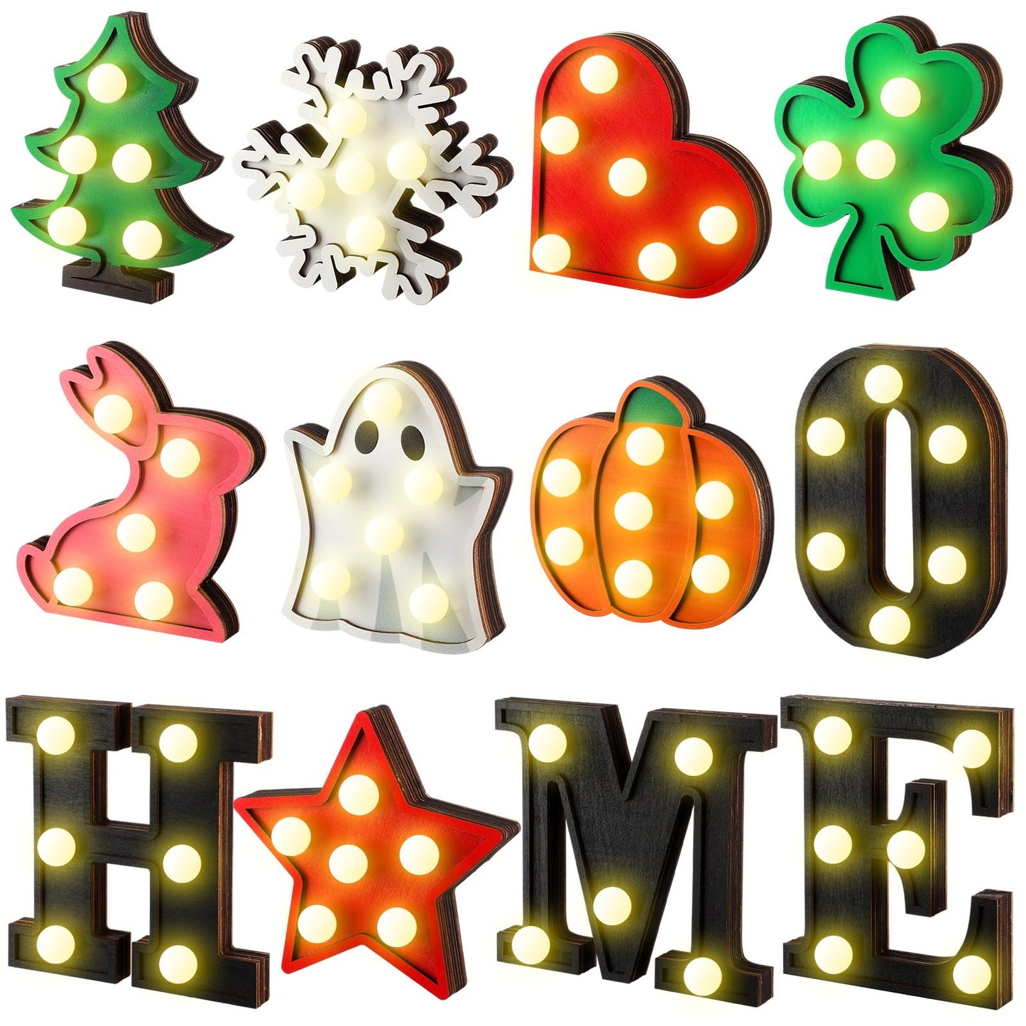 Aurelema Interchangeable Home Table Signs with 8 Pcs Seasonal Icons Wooden "home" Letter Signs with LED Marquee Light up Interchangeable Holiday Decorative Centerpiece for Holiday Room Decoration