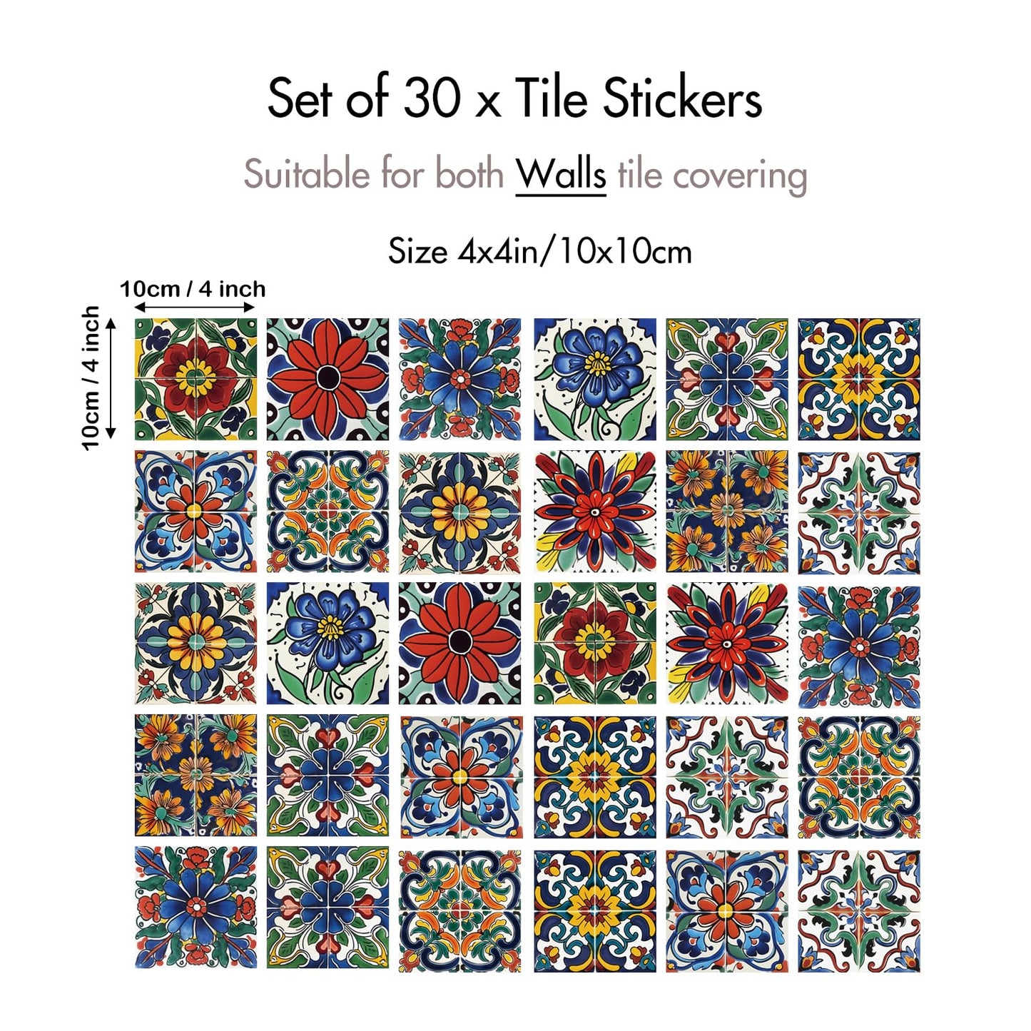 30 Pcs Mediterranean Style Peel and Stick Wall Tile Decals - Waterproof Vinyl Stickers for Kitchen Backsplash, Bathroom, Stair Riser Decor - Spanish Floral Pattern - 4x4 Inch