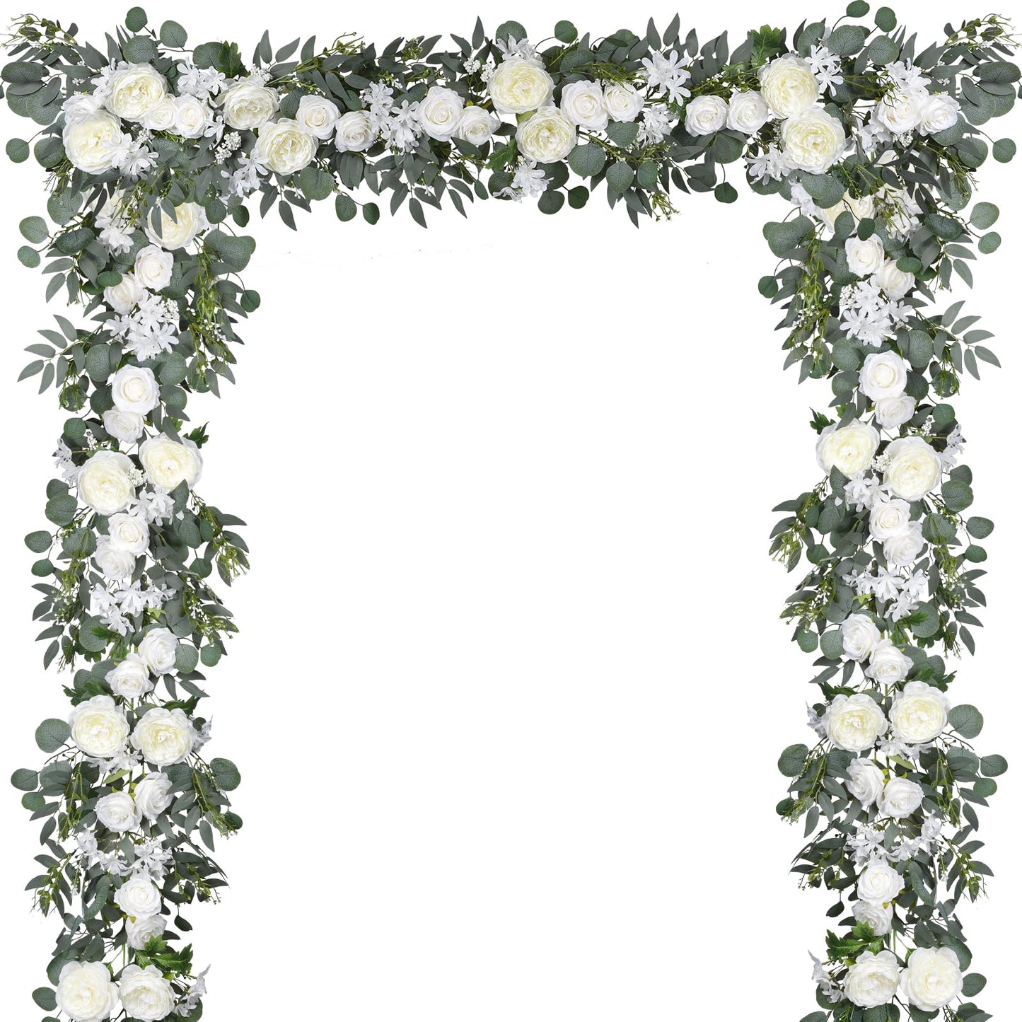 DearHouse 2Pcs Artificial Peony Flower Garland and - Silk Peony Garland with Flowers and Eucalyptus for Wedding Party Table Decoration,6ft/Strand (White)