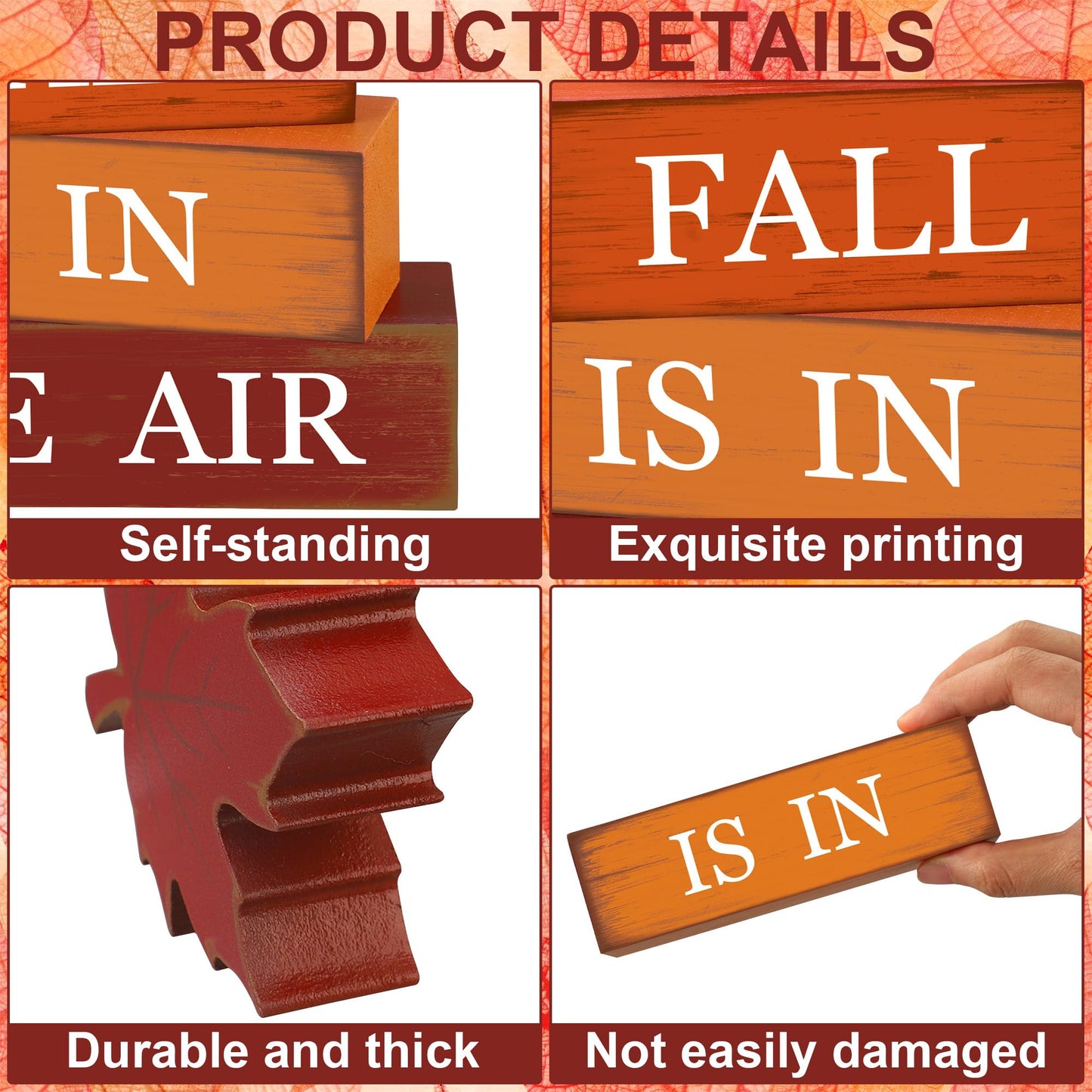 4 PCS Fall Maple Leaf Wooden Table Block Sign Thanksgiving Wood Tiered Tray Decor Fall is in the Air Block Centerpiece Rustic Farmhouse Table Decorations for Autumn Thanksgiving Home Desk Shelf Decor