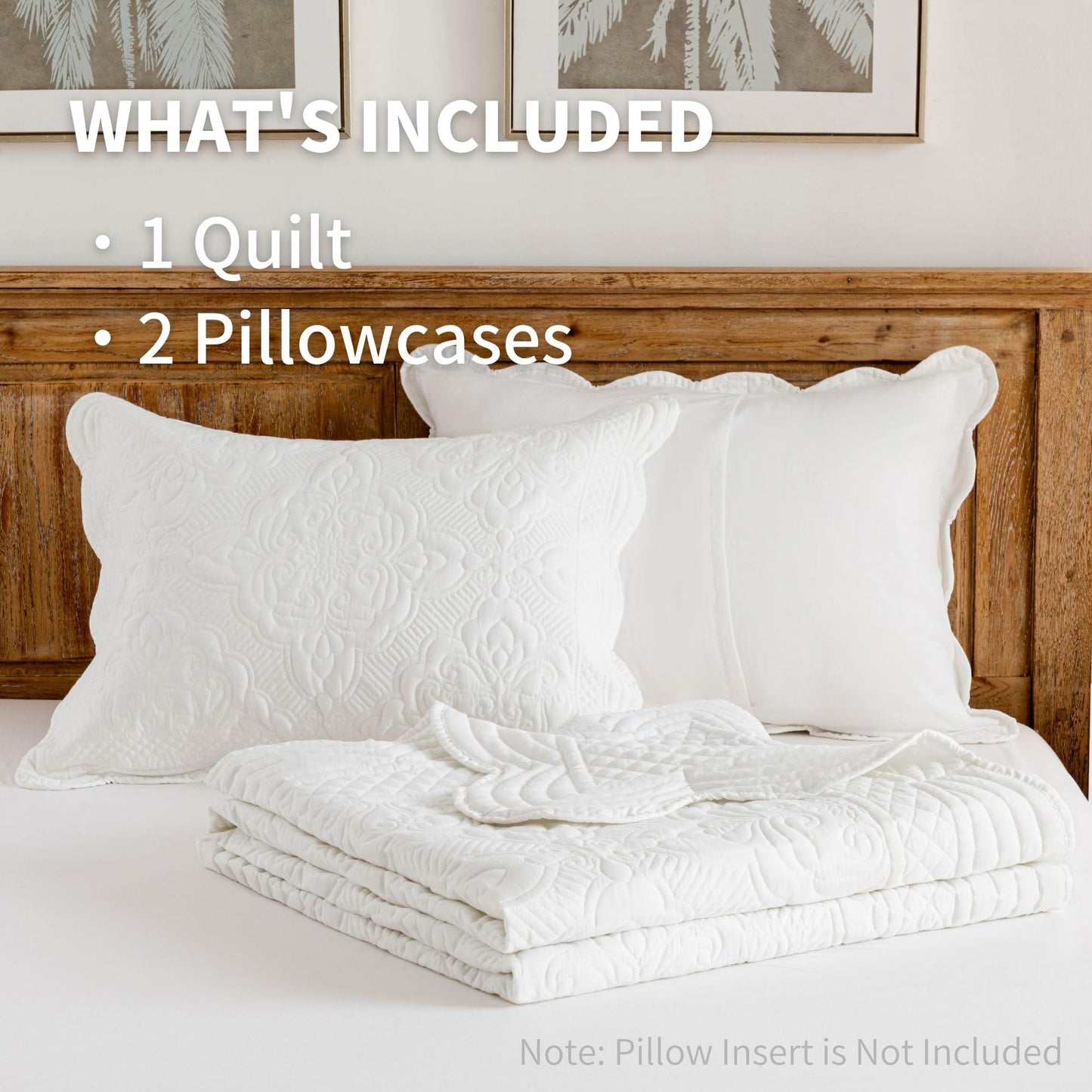 meadow park Embroidered Quilt Set King Size - 3 Pieces, Washed Cotton Blend Lightweight Bedspreads with Scallop Edges, Reversible Coverlets Bed Cover All Season Quilts-Ivory