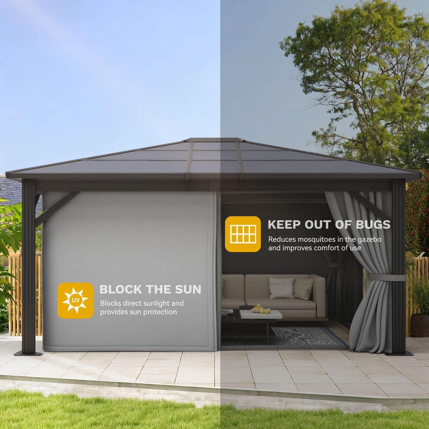 DWVO 10x12ft Gazebo Hardtop Double Roof Polycarbonate Canopy Outdoor with Netting and Shaded Curtains, Metal Frame Garden Tent for Patio, Backyard, Deck and Lawns, Gray