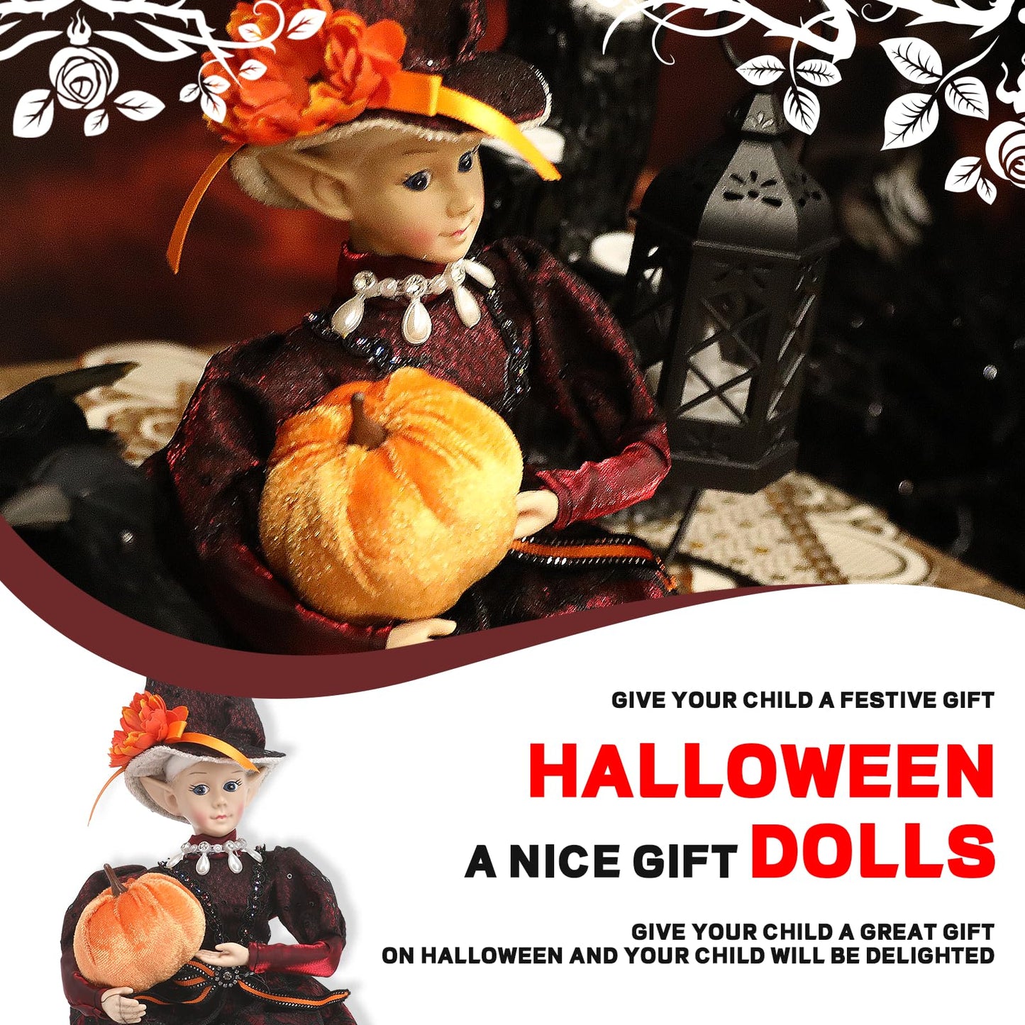 brableewear Halloween Fairy Elf Doll Posable Witch Sitting Doll Cute Elf Girl Holding Pumpkin Figurines Mantel Ornaments Home Decor
