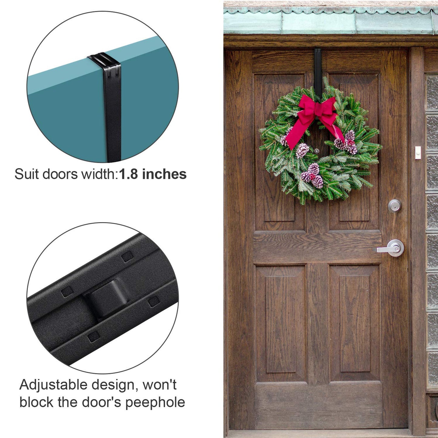 Myfolrena Wreath Hanger Adjustable Door Hanger Wreath Hanger for Front Door 15 to 24inch,Wreath Hook, Hold Up 20lb (Black,1 Pack)