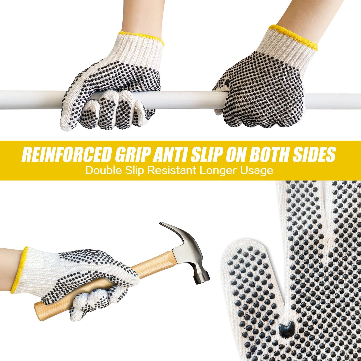 GSAFEME Safety Work Gloves 12 Pairs Cotton with Anti-Slip Grip Dots for Construction,Warehouse Lifting,House Moving