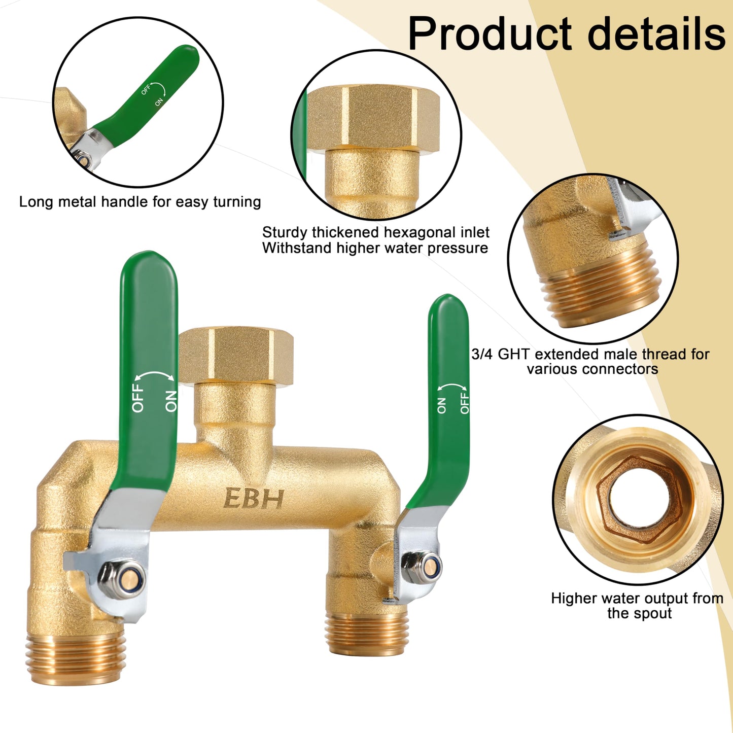 EBH Garden Hose Splitter, 2-Way High Flow Heavy Duty Brass Outdoor Hose Manifold with Extra Long Handles Full Flow Faucet Adapter- 3/4” GHT(Green)