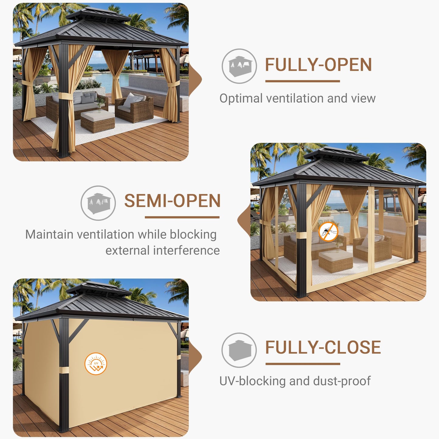 10x12 FT Hardtop Gazebo with Galvanized Steel Double Roof, Heavy-Duty Aluminum Frame Outdoor Gazebo Canopy with Mosquito Netting & Waterproof Curtains for Patio, Backyard, Deck & Lawn