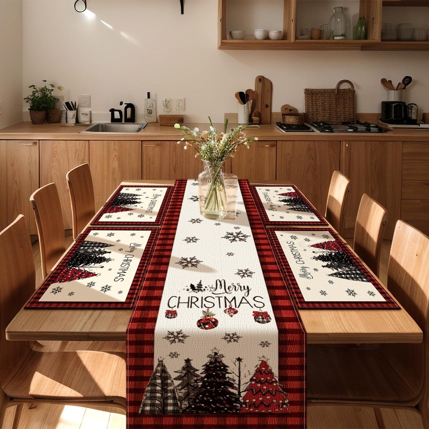 Patelai 7 Pcs Christmas Table Runner and Placemats Set Merry Christmas Buffalo Plaid Table Runner Xmas Placemats Red Black for Holiday Kitchen Dining Room Decor Party Wedding Decoration