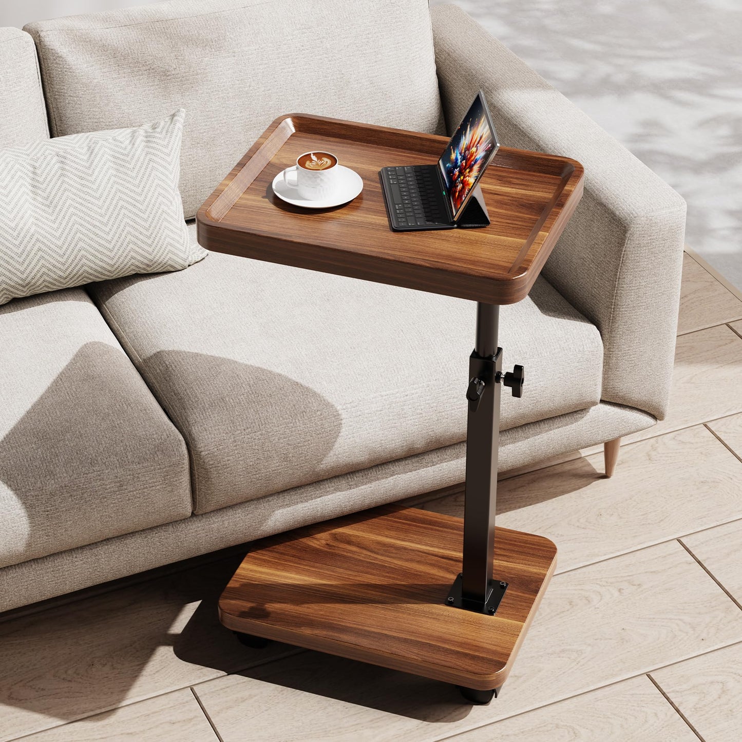 SJIE C Table End Table Adjustable Height, 360°Swivel TV Tray Table for Small Spaces, Side Tables with Wheels for Living Room and Bedroom, Bed (Walnut)
