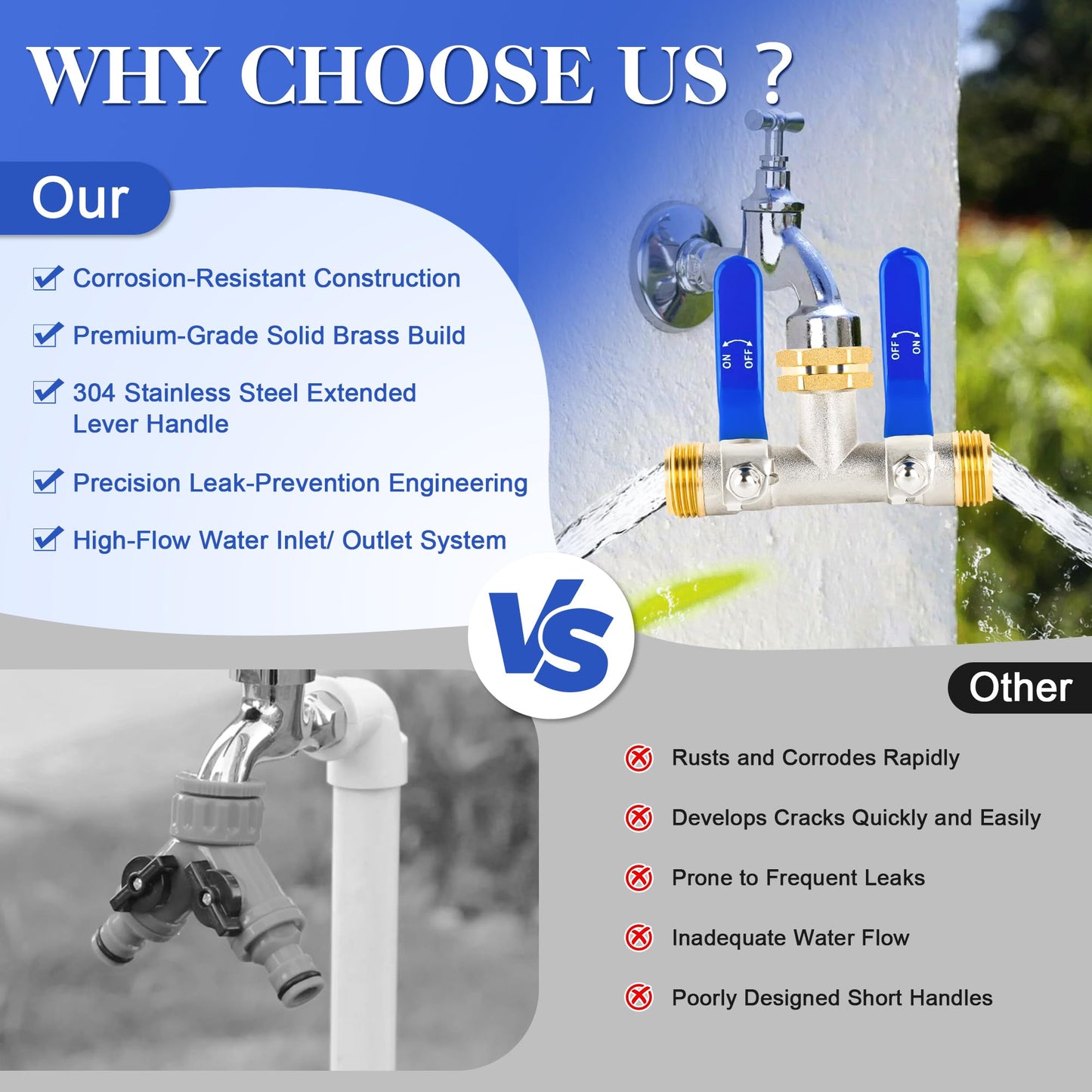 EJW 2 Way Faucet Splitter,Double Hose Connector,Garden Hose Splitters, Hose Splitter 2 Way, Two way Hose Bib Splitter, Water Spigot Splitter, RV Brass Hose Splitter, Hose Valve 3/4 Inch GHT Thread.