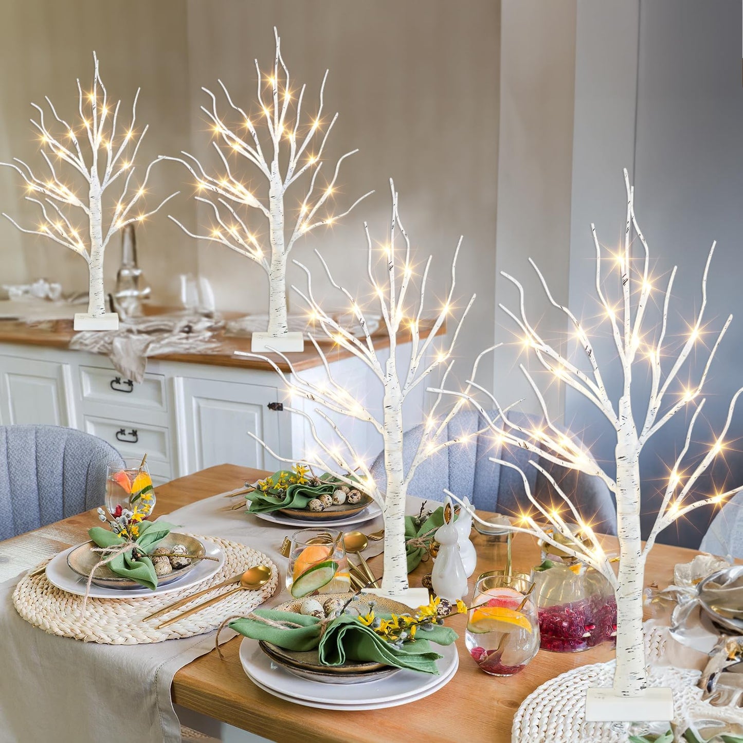 PEIDUO Christmas Decorations for The Home, 2FT BirchTree with LED Lights, Warm White Tree Lamp, Fairy Light Spirit Tree for Room Inside Fireplace Home Decor, Battery Powered, Timer (4PK)