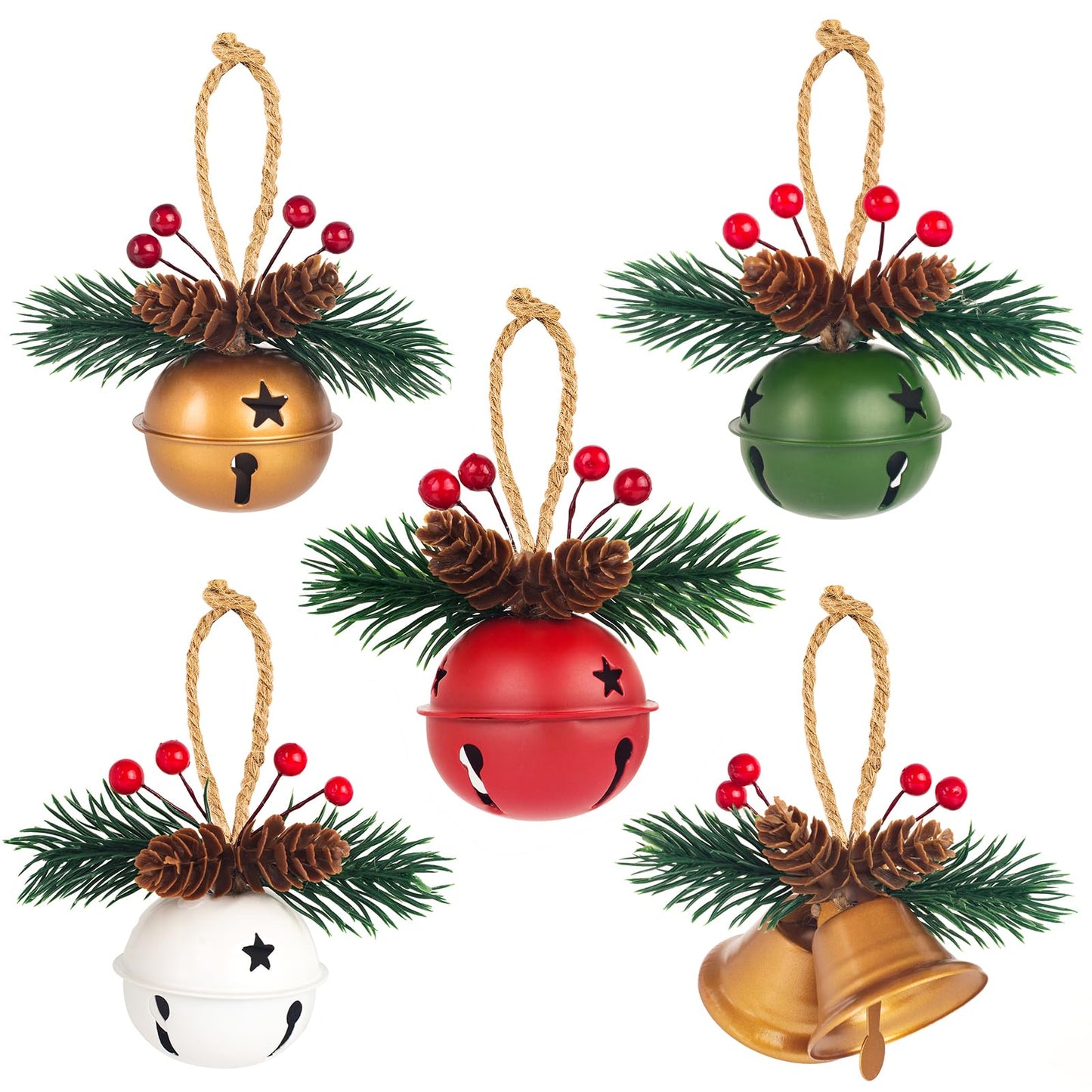 5 Pack Rustic Christmas Bell Ornaments with Pinecones & Berries - Metallic Hanging Decor for Christmas Tree,Mantel,Home (Green,Gold,Red,White)