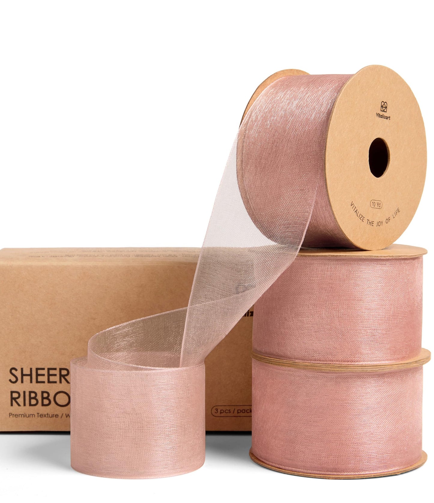 Vitalizart Pink Organza Ribbon 1.5" x 30 Yd Rose Gold Sheer Ribbons for Gift Wrapping Crafts Christmas Party Decor Bows Wedding Invitations Wreaths Bouquet