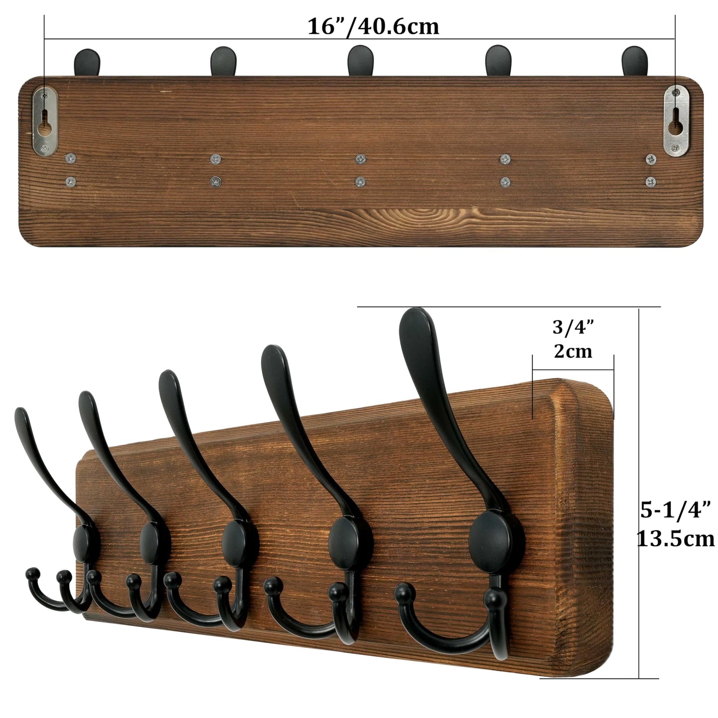 WEBI Rustic Coat Rack Wall Mount,Solid Wood Coat Hooks Wall Mounted Coat Hanger,16" Hole to Hole,Hook Rack Rail,5 Triple Hooks for Hanging Coats,Jacket,Clothes,Farmhouse,Brown