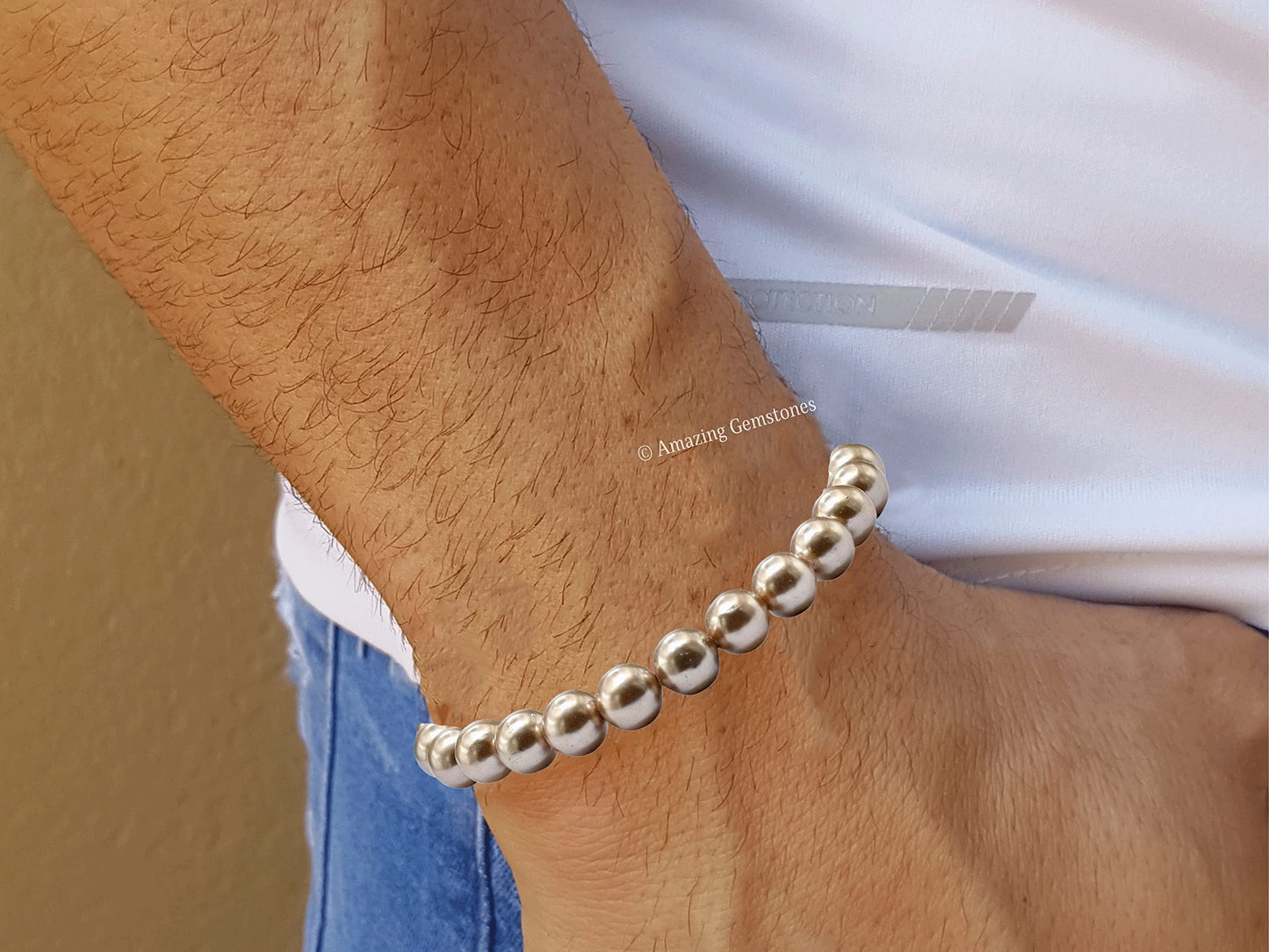 Amazing Gemstone Crystal Bracelet for Women Men's Gifts - Protection Healing Crystal Bracelet - 8mm Gemstone Beaded Stretchable Bracelet Pulseras Para Hombres Mujer Stocking Stuffers Mothers Day Gift (Champagne Pearl)