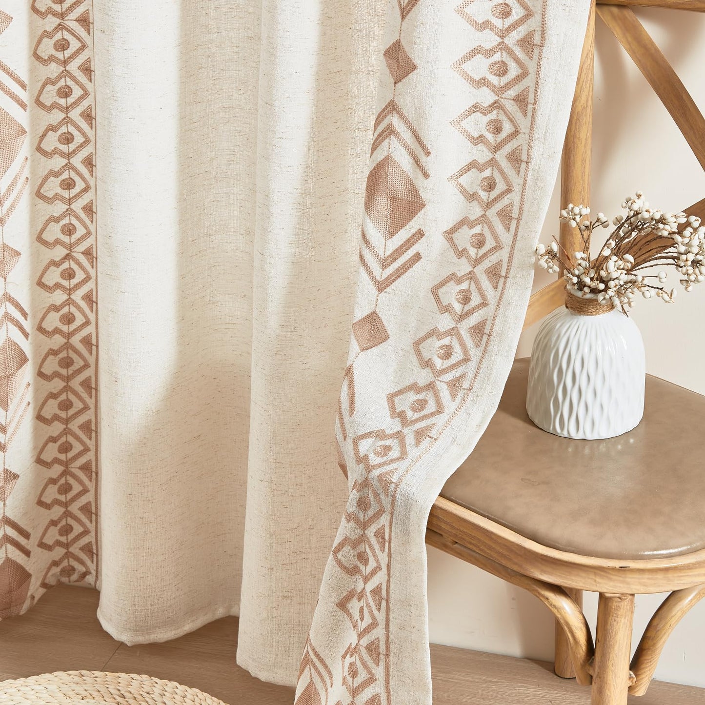 LOHUT Beige Boho Curtains 2 Panels for Bedroom 84 Inches Long Linen Embroidered Drapes for Living Room Farmhouse Geometric Light Filtering Grommet Window Treatment 55x84 Inch, Taupe On Beige
