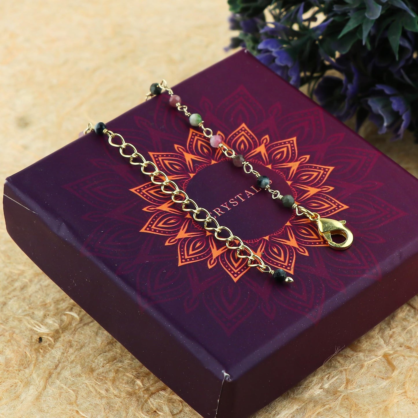 JOR Natural Multi Tourmaline Beaded Rosary Anklet, Handmade Craft, Anklet Beads Bracelet, Chakra Healing Anklet, Gemstone Women Jewelry, Dainty Gold Plated Anklet 9 inch + 1.5 inch (1pcs)