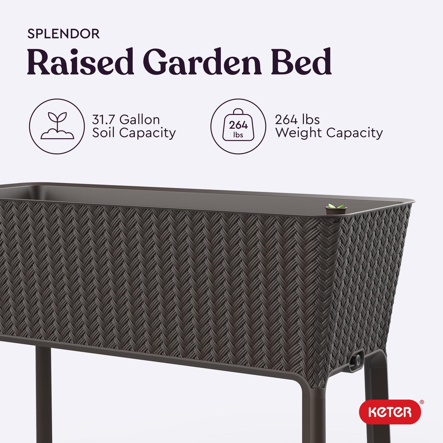 Keter Splendor 31.7 Gallon Raised Garden Bed with Self Watering Planter Box and Drainage Plug-Perfect for Growing Fresh Vegetables, Flowers and Herbs, Brown