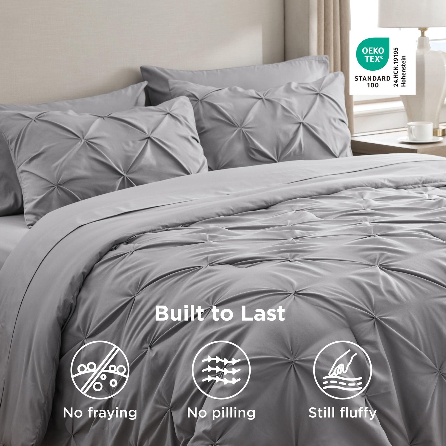 Bedsure Queen Comforter Set Grey - Bed in a Bag Queen Size Bedding 7 Pieces, GentleSoft™ Pintuck Bed Set Gift for Family, Pinch Pleat All Season Comforter with Sheets, Pillowcases & Shams