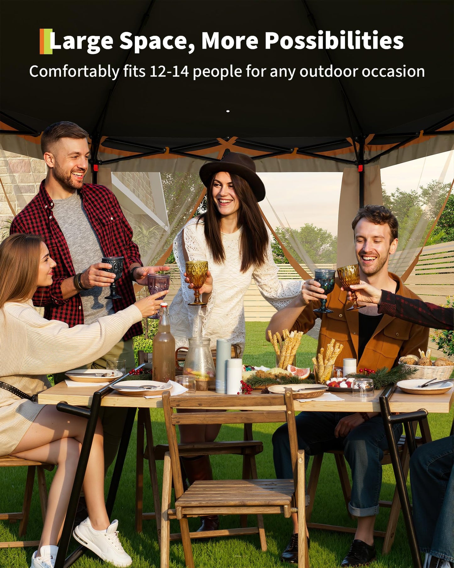 GarveeLife 13'x13' Pop-Up Gazebo, Outdoor Hexagonal Patio Gazebo with Mosquito Netting, Instant Setup Canopy Tent with Strong Steel Frame and Sandbags, for Backyard, Gardens, Patio (Khaki)