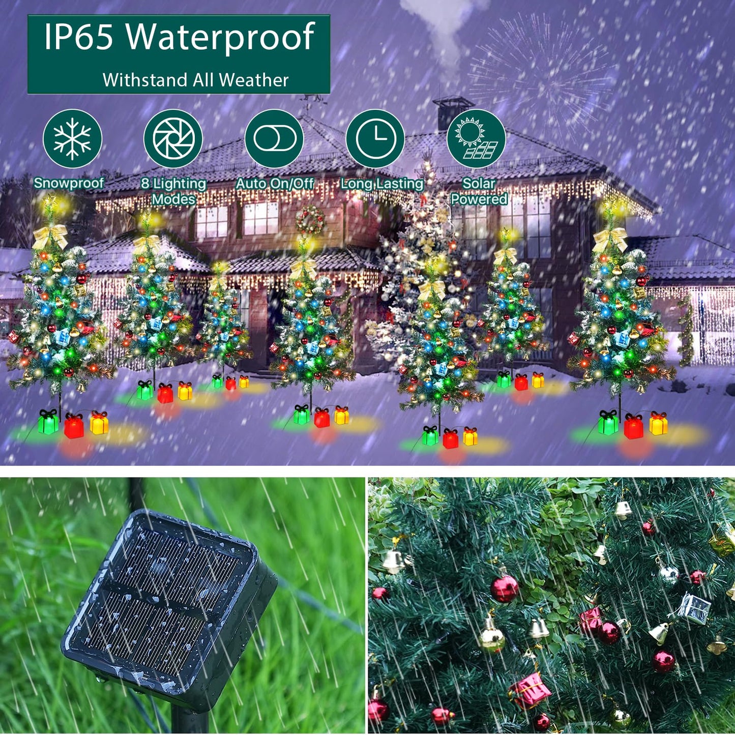 Aukora Solar Christmas Tree Lights Outside Decorations 31 in,8 Modes Christmas Light Outdoor Waterproof with 23 Xmas Accessories & 3 Gifts Box Lights for Garden Pathway Cemetery Decorations,2Pack