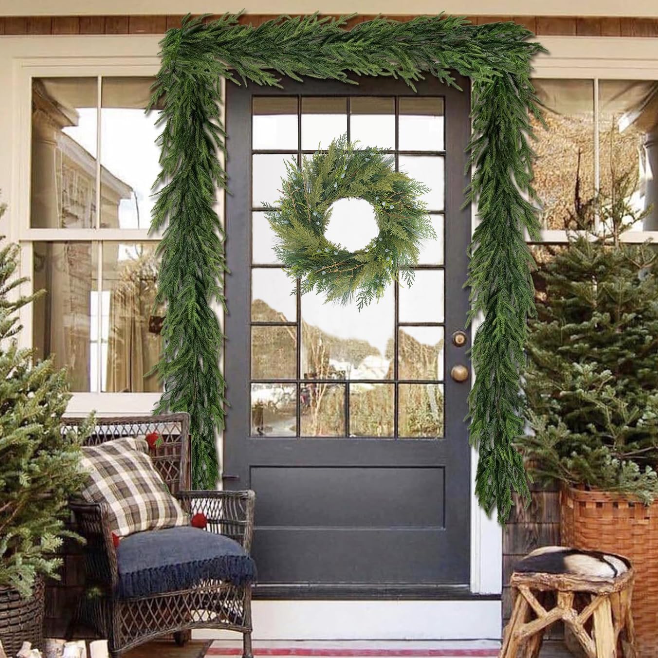 BINFEN 20” Green Faux Pine Christmas Winter Wreath with Cypress Cone, Twig & White Berry – Mixed with Real Look Fake Cedar & Spruce, Xmas Wreaths for Front Door Porch Mantel & Fireplace