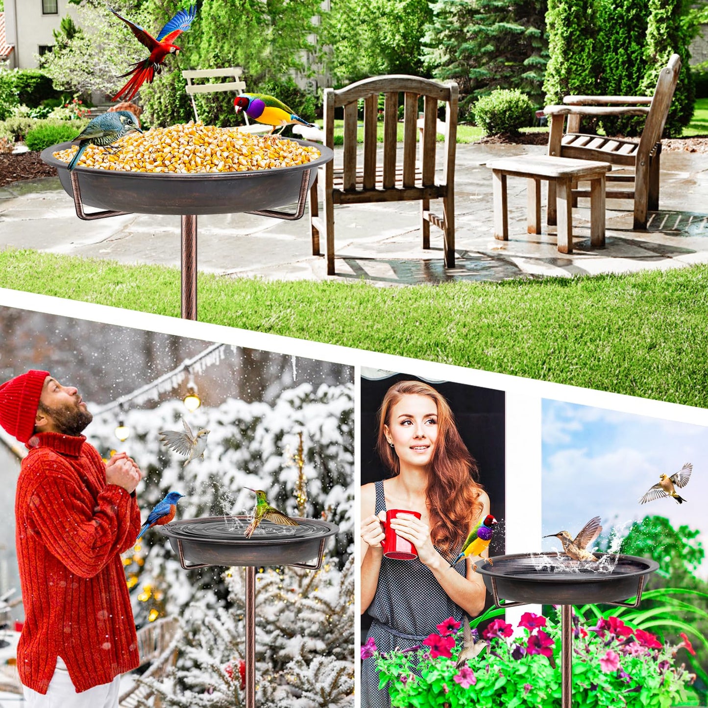 KHayRovies Metal Bird Bath for Outside Garden Birdbath Bowl, 36.2" Height Freestanding Bird Feeders for Outdoors with 4 Prongs Base Stake, Standing Birdfeeders for Yard Lawn Decor (Retro Copper)